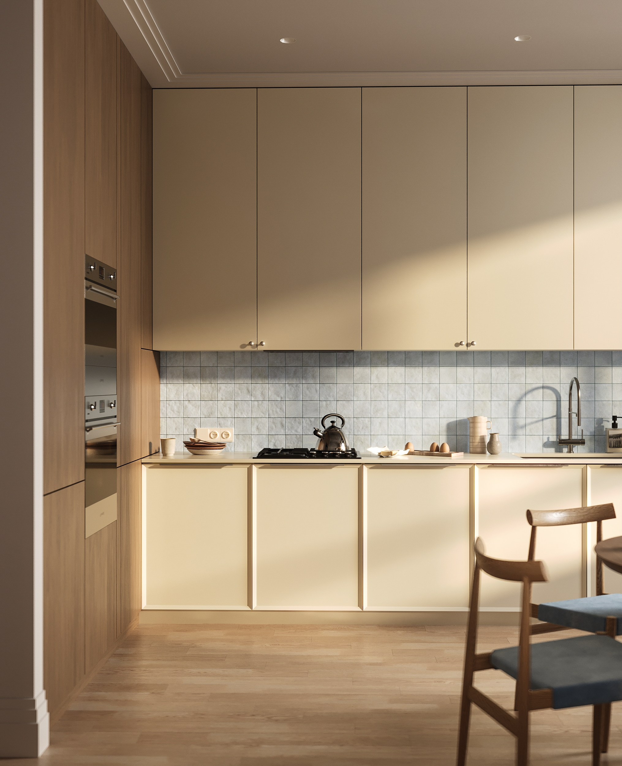 Кухня в оттенке сливочного масла в осенний день. Дизайн и визуализация выполнены мной. 3D Визуализация