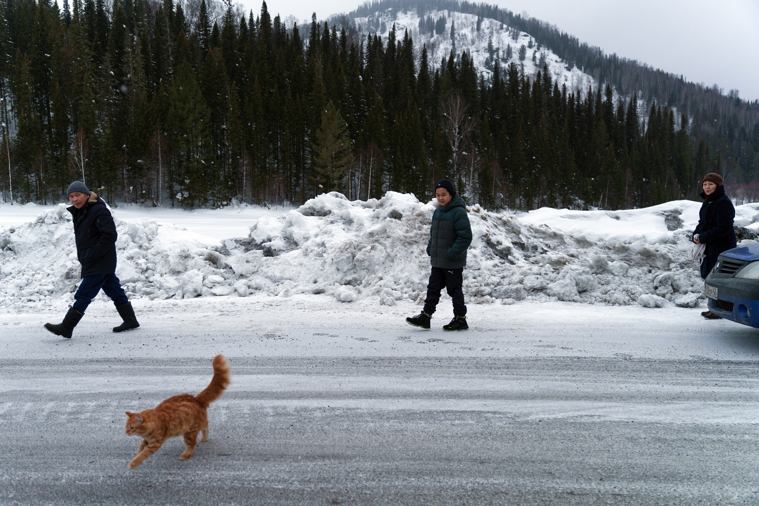Lyubov Arbachakova (right), her nephew Vadik, and her husband Sasha stopped on March 7th, 2025, on their way home to Ust-Kabyrza to give their cat a rest. The mountain road from the district center Tashtalog to the village is difficult: it causes motion sickness in both people and animals. The road is often covered with snow, so in winter their trips often scheduled in time with the passenger bus, which runs twice a week, as snow removal is done for its run.