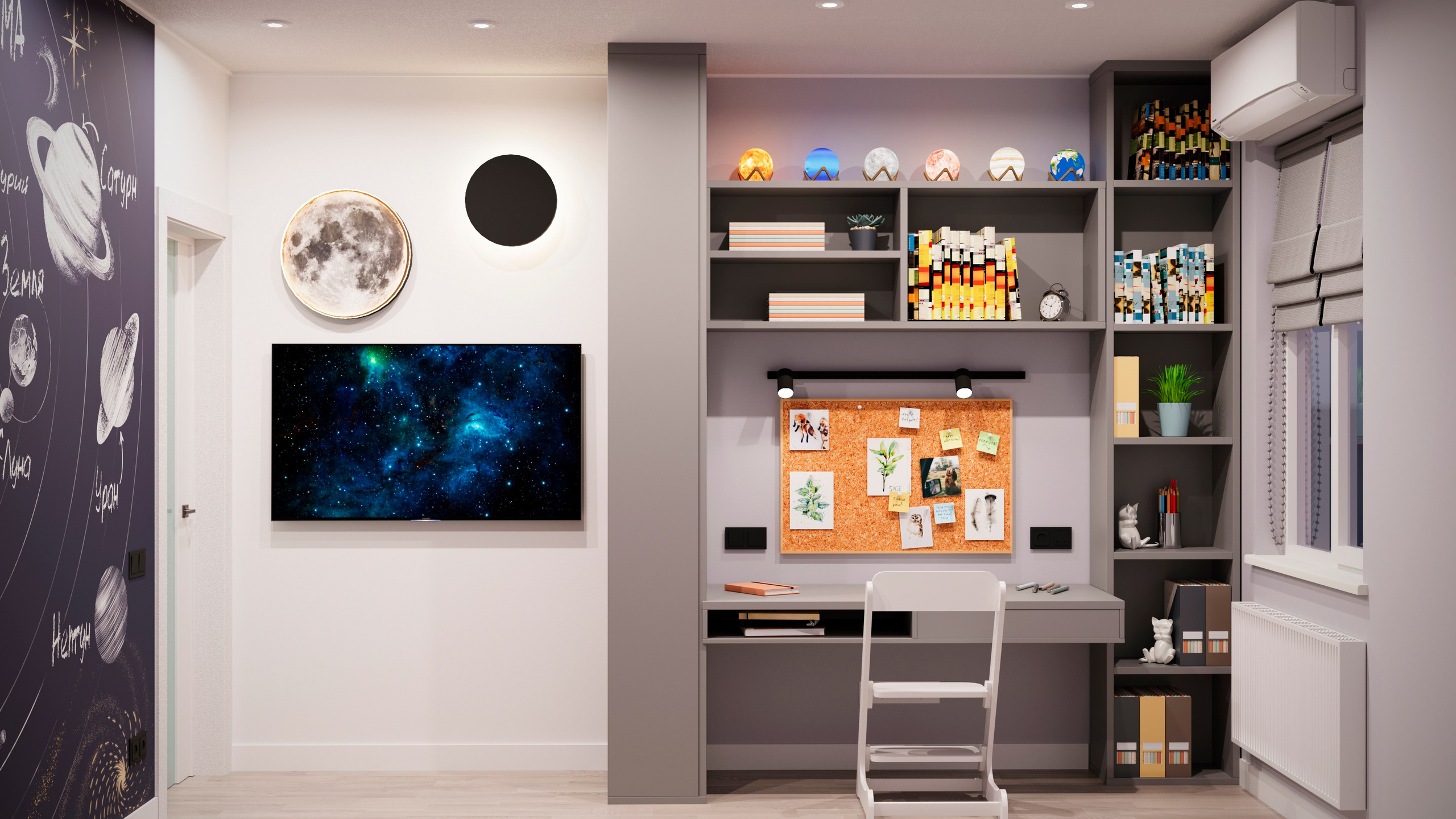 Космическая тема в детской: дизайн-проект с яркими обоями и шкафом-кроватью. Мастерская Добрых Интерьеров Александра и Аллы Добряк