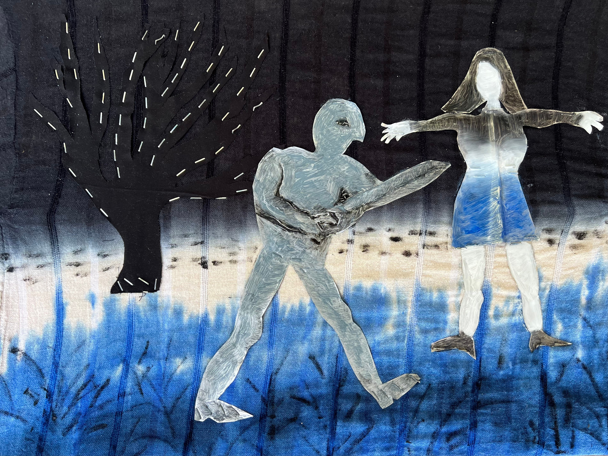 Estrangement. Self-portrait, 2025. Wood, metal, fabric, oil, 45 × 65 cm