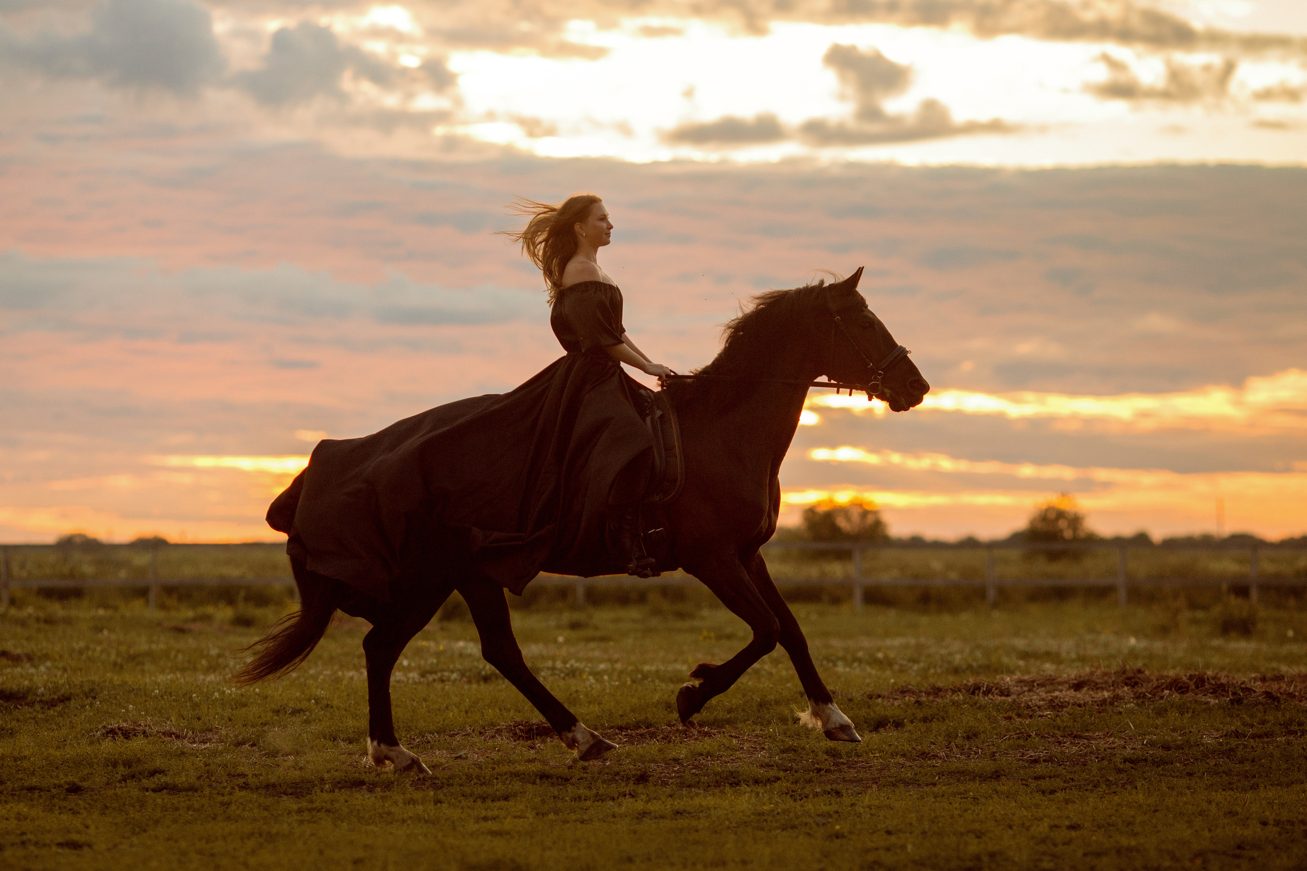 Девушка на вороной лошади в черном платье