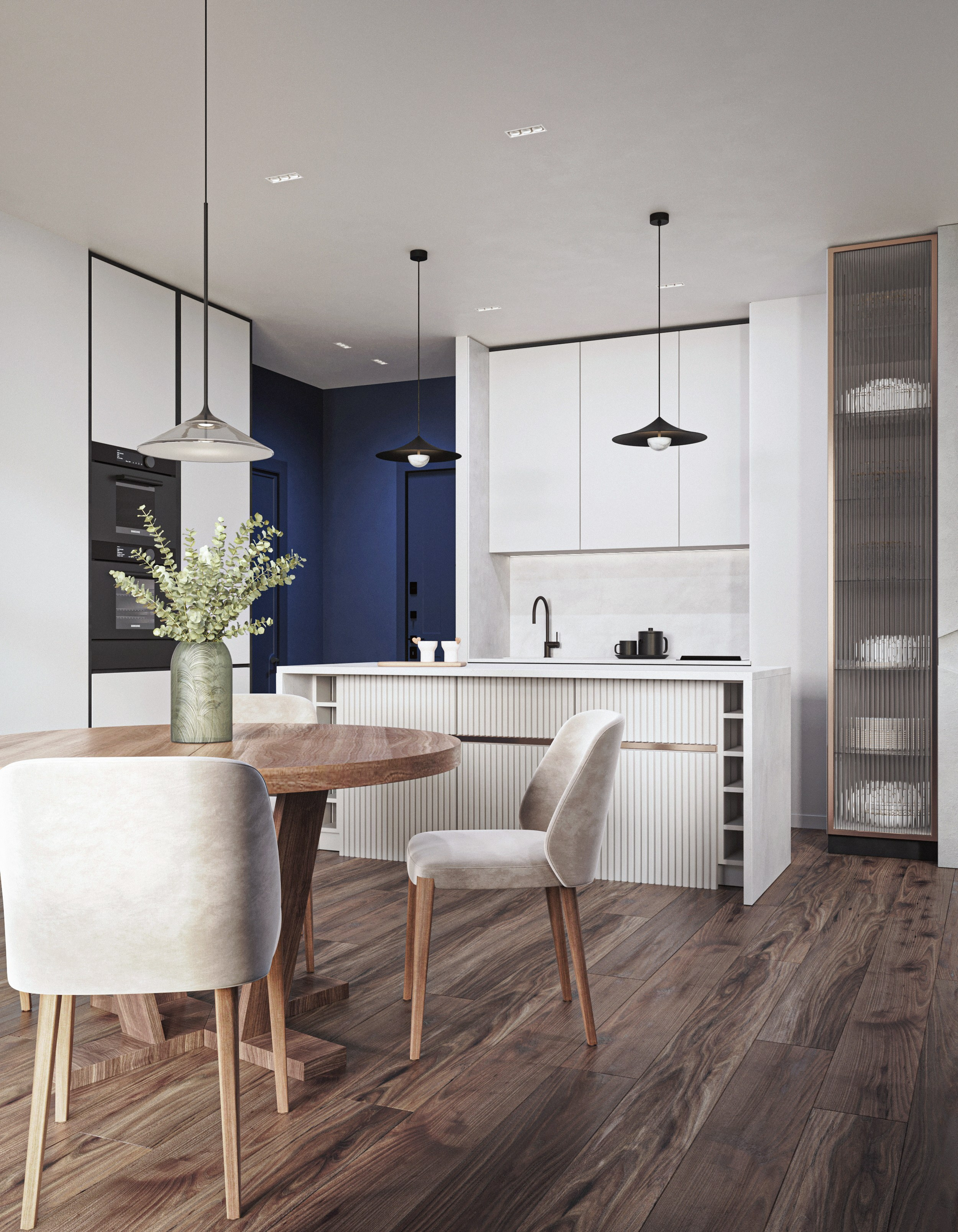 Blue place. 3D visualization of exteriors and interiors