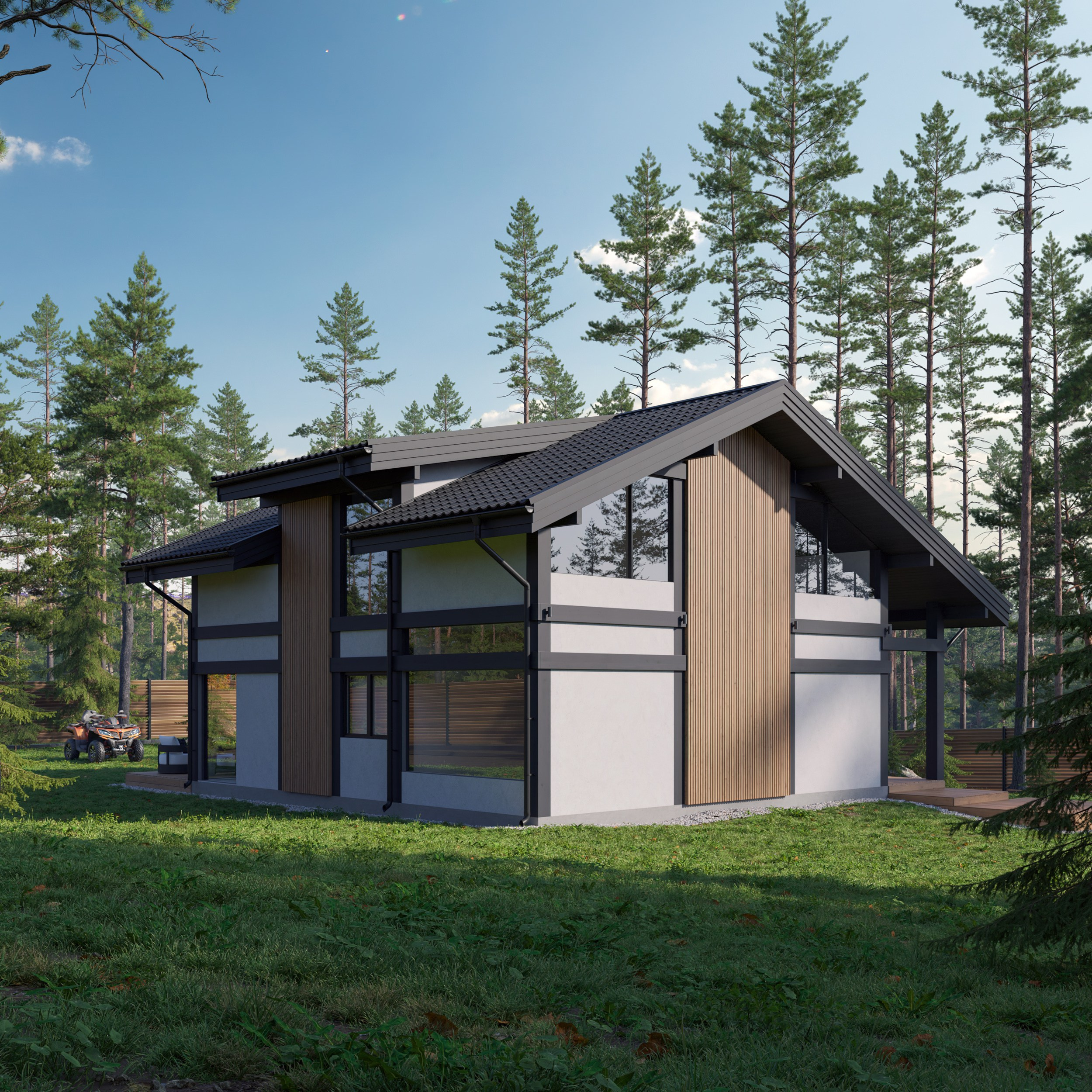 Дом в стиле с панорамными окнами и деревянными фасадными вставками