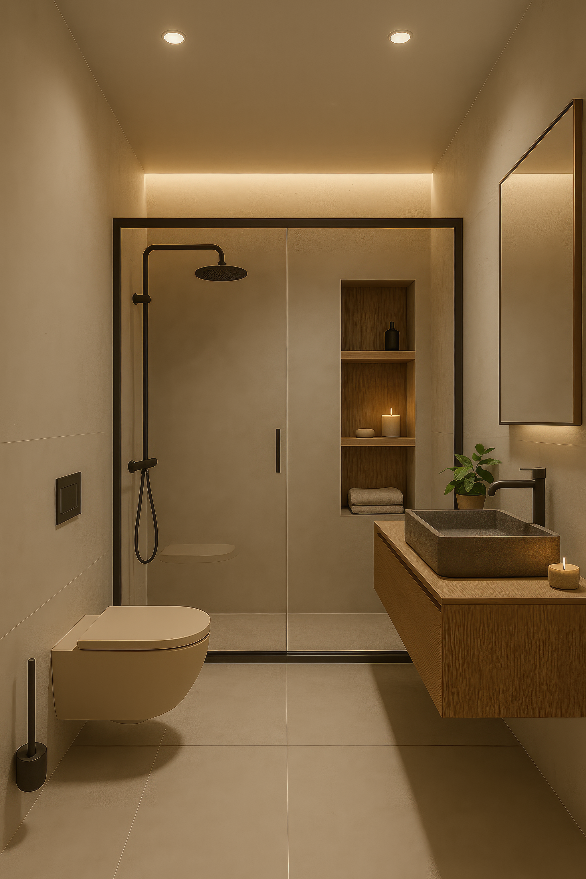 Санузел с душевой, нишами и современной раковиной, атмосферный вид