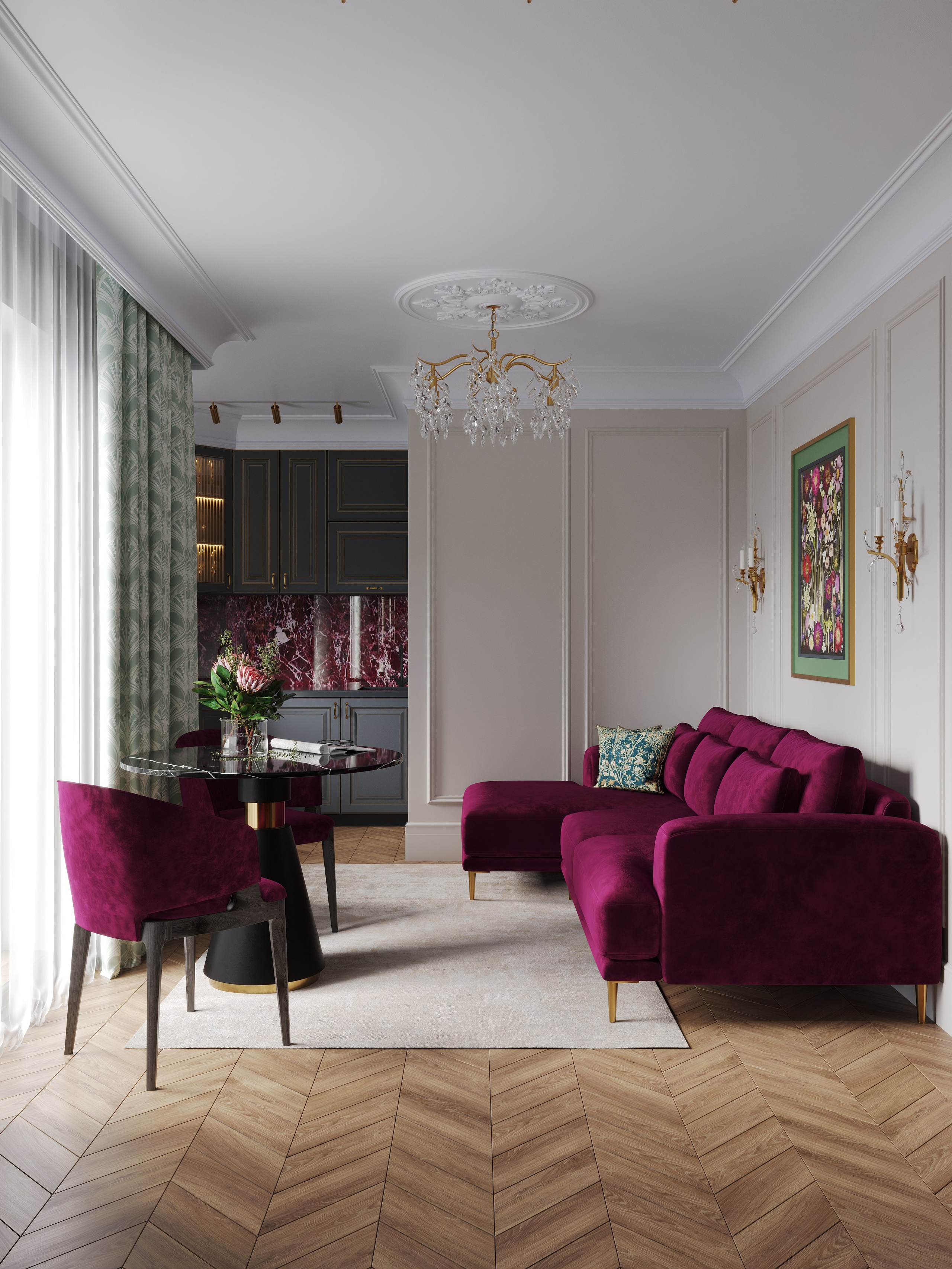 3D визуализация гостиной в современной классике с мягкой зоной и обеденным столом