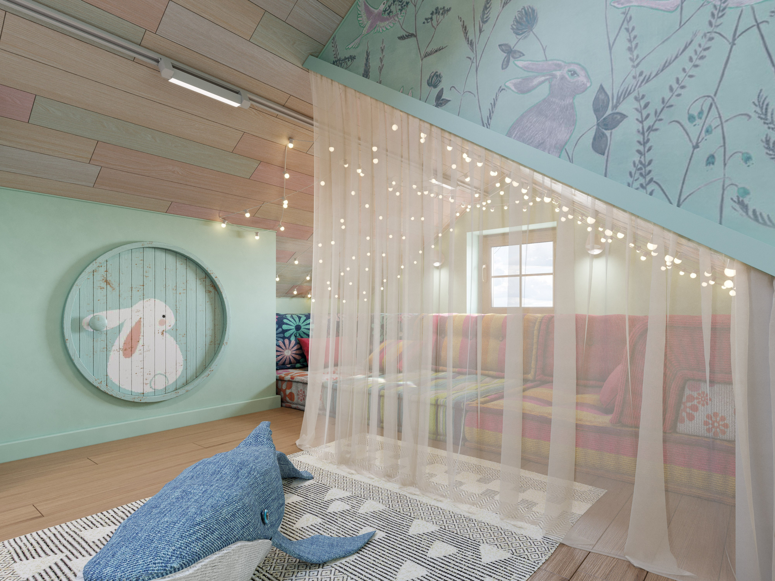 Яркая детская комната с домиком и кроличьей норой в загородном доме