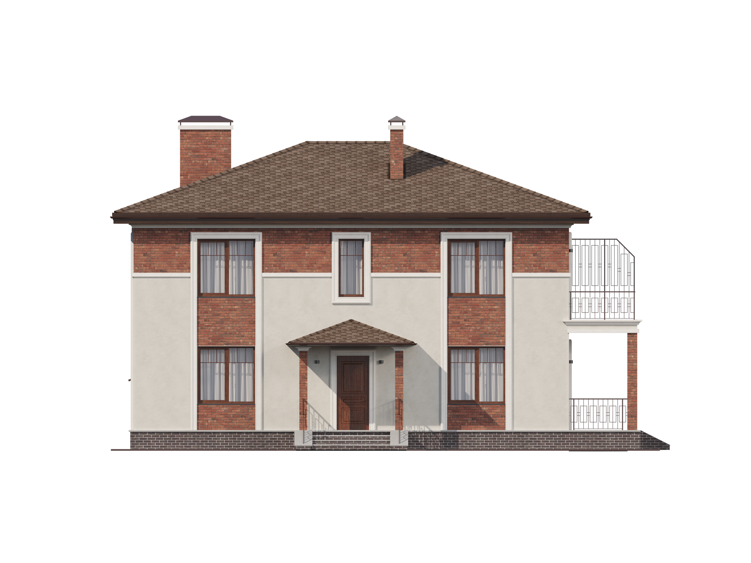 Фронтальный фасад двухэтажного загородного дома с кирпичными вставками