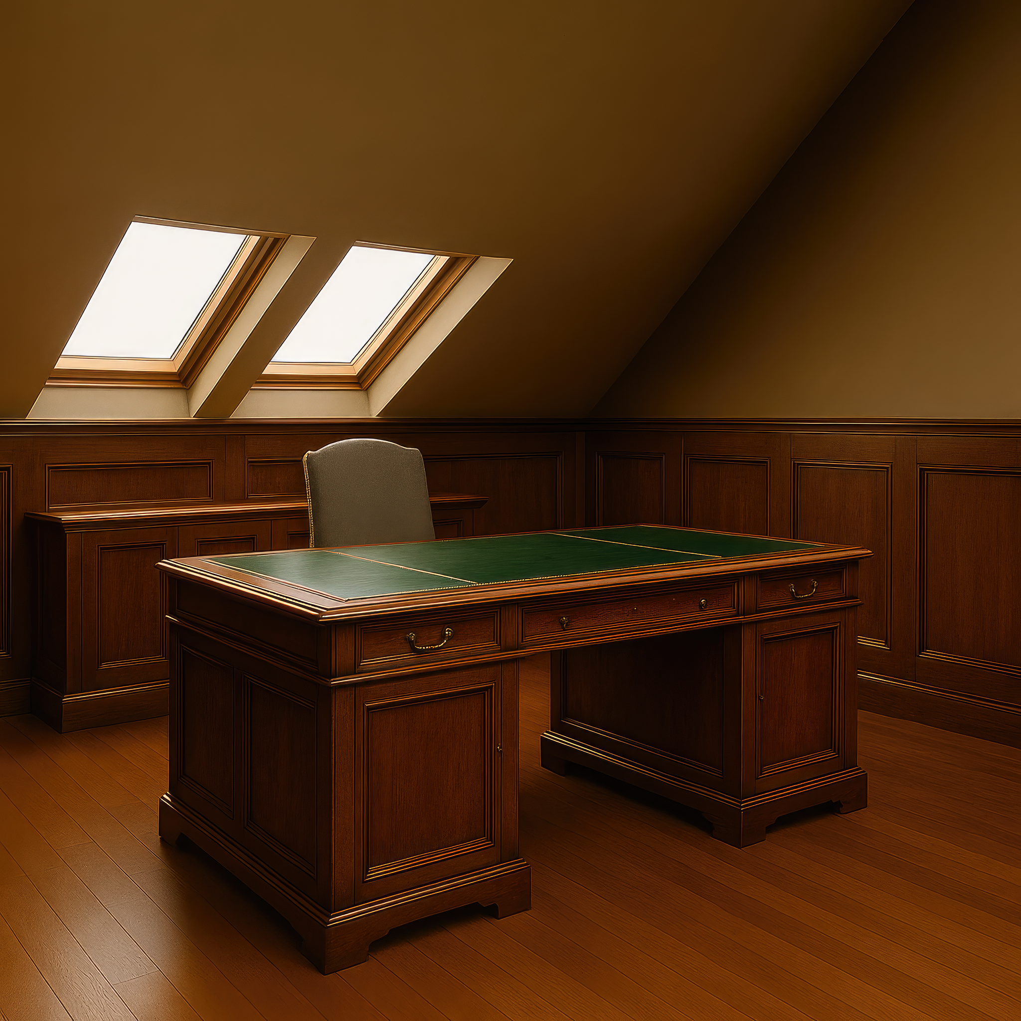 Интерьерный 3D-рендер рабочего пространства в классическом стиле с массивным столом