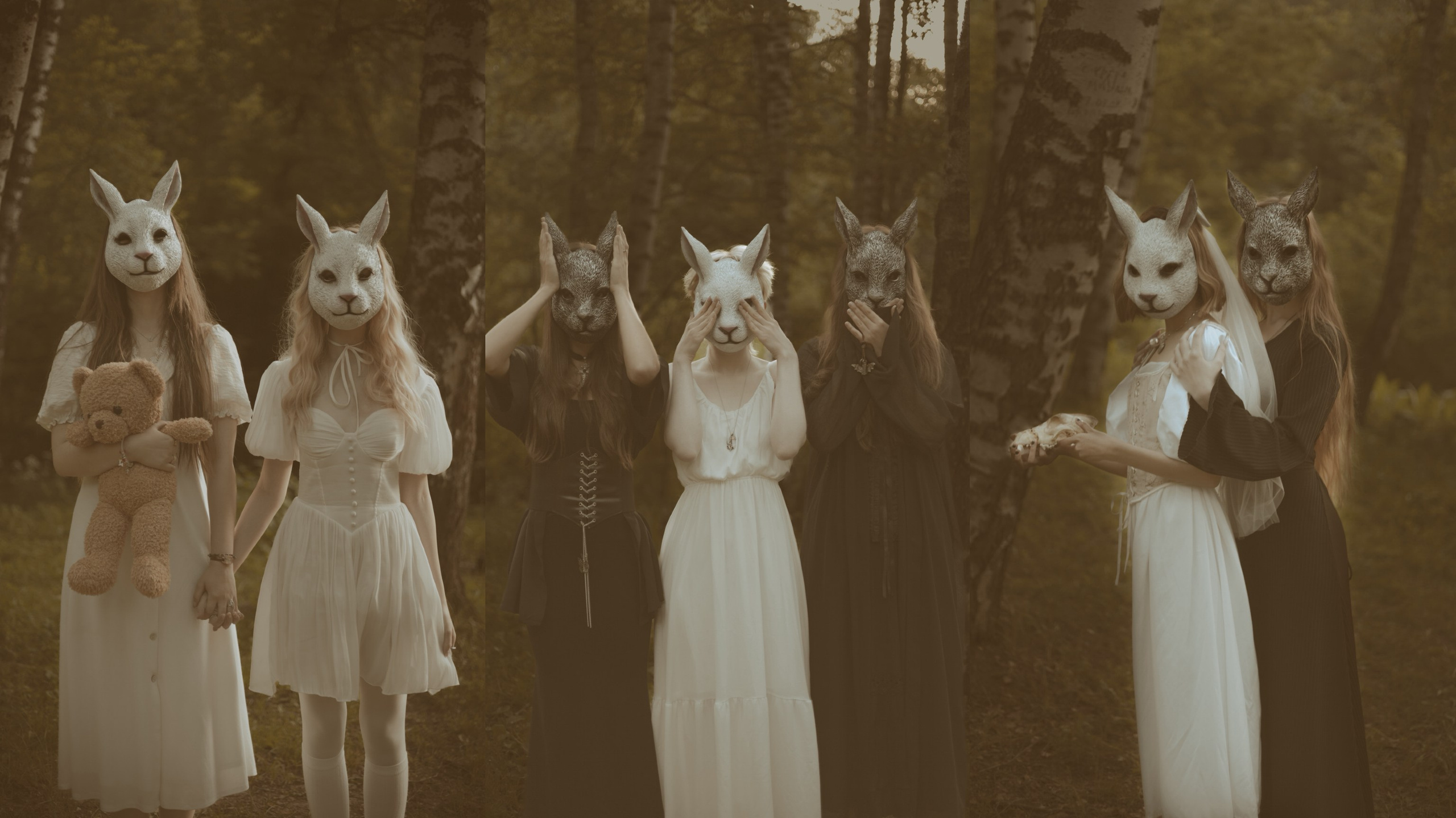 Фотосессия в лесу: девушки с игрушками в масках кроликов и волков