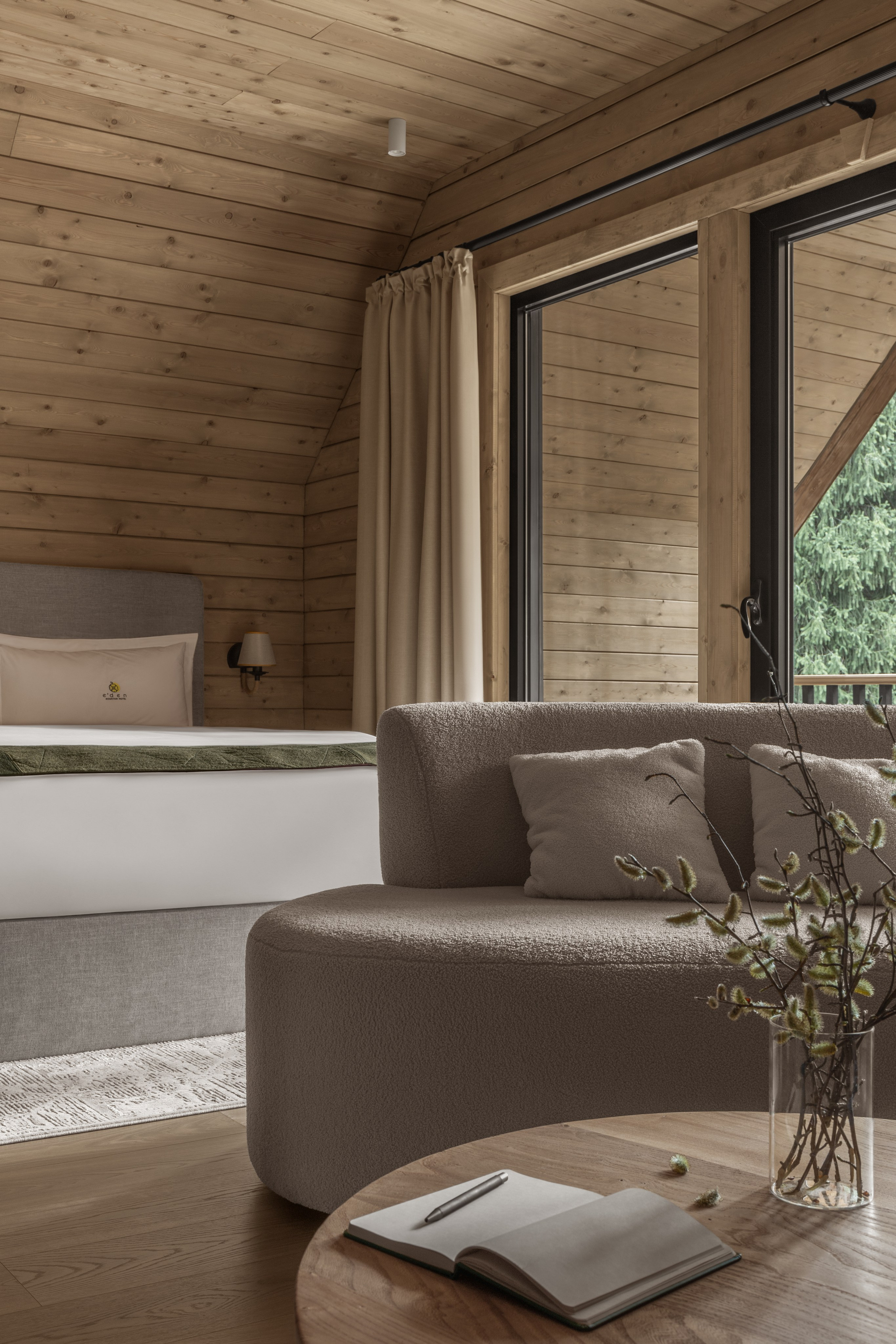 Дизайн-проект отеля в горах в стиле рустик, интерьер из обработанного дерева.