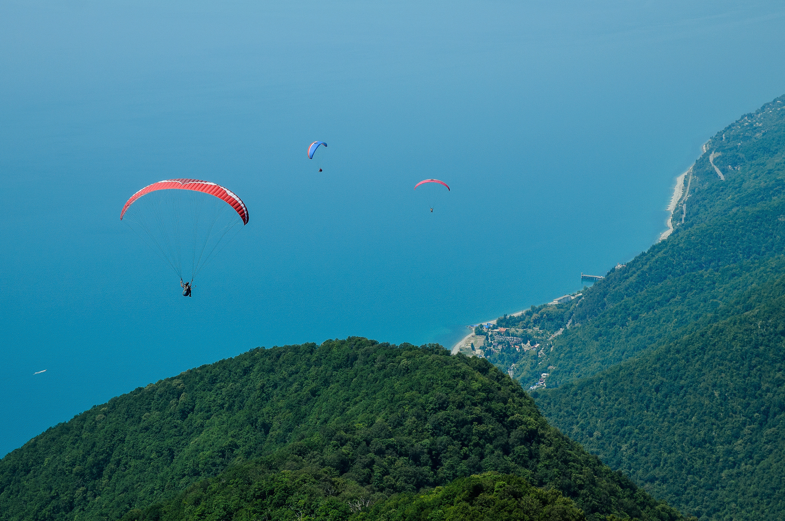 Красный параплан летит над побережьем Гагры в Абхазии