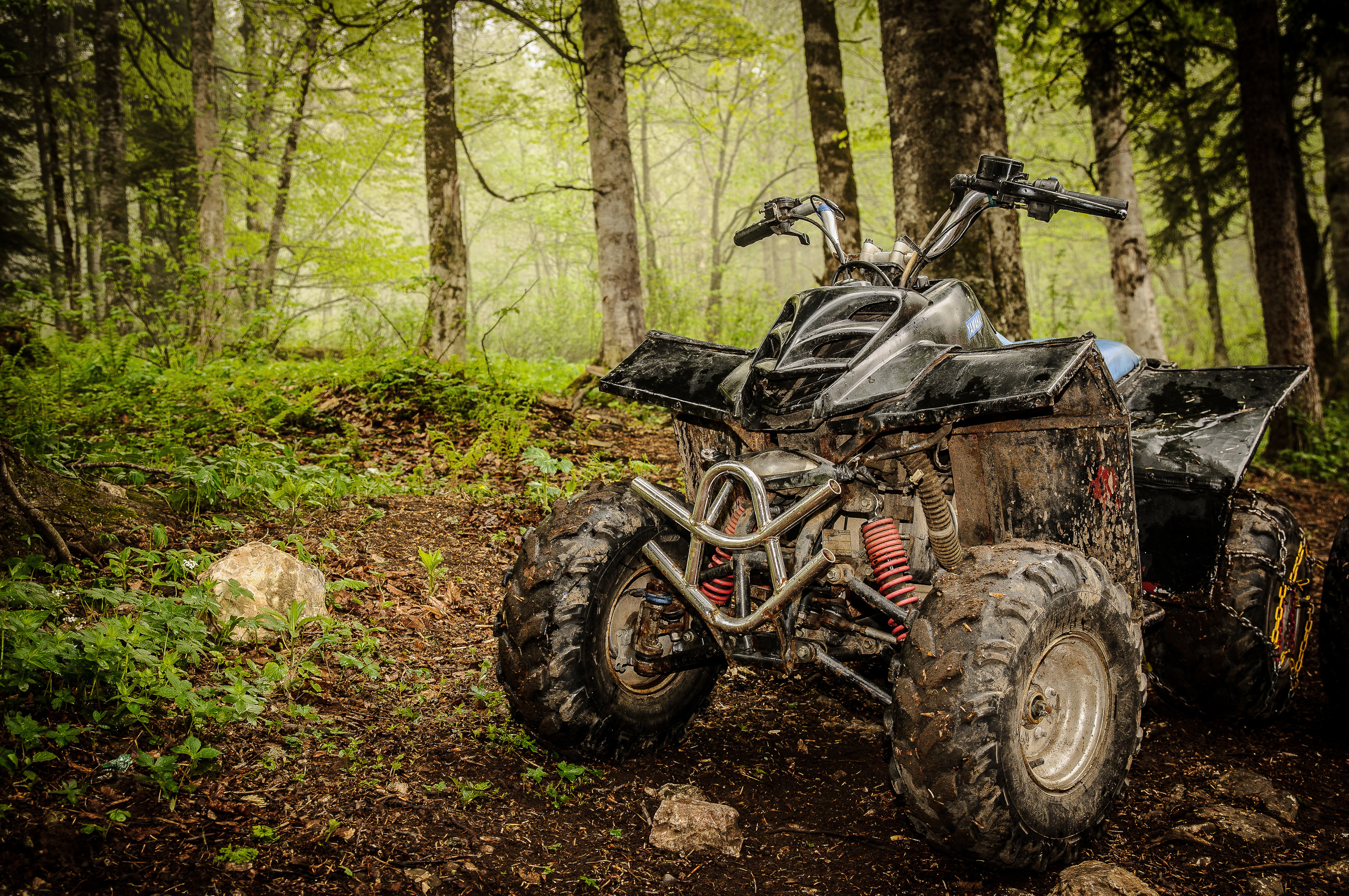 Грязный квадроцикл стоит в лесу