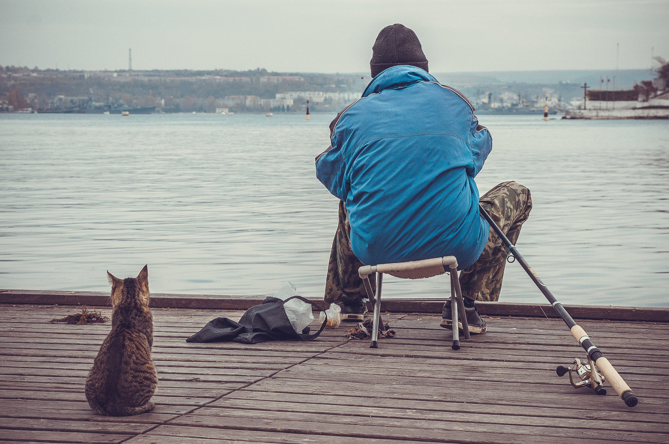 Рыбак и кот сидят на пирсе в ожидании рыбы