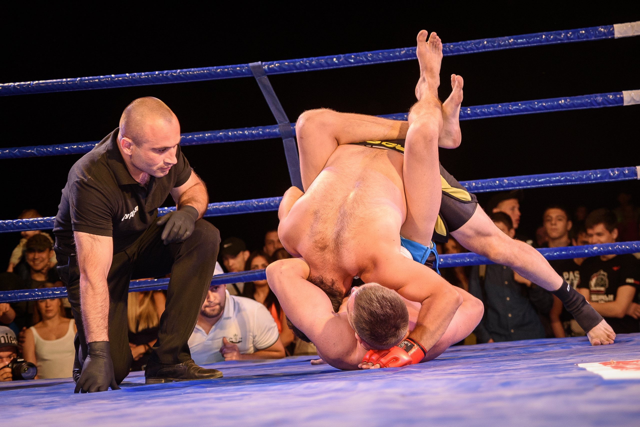 Рефери наблюдает за схваткой двух бойцов на ринге