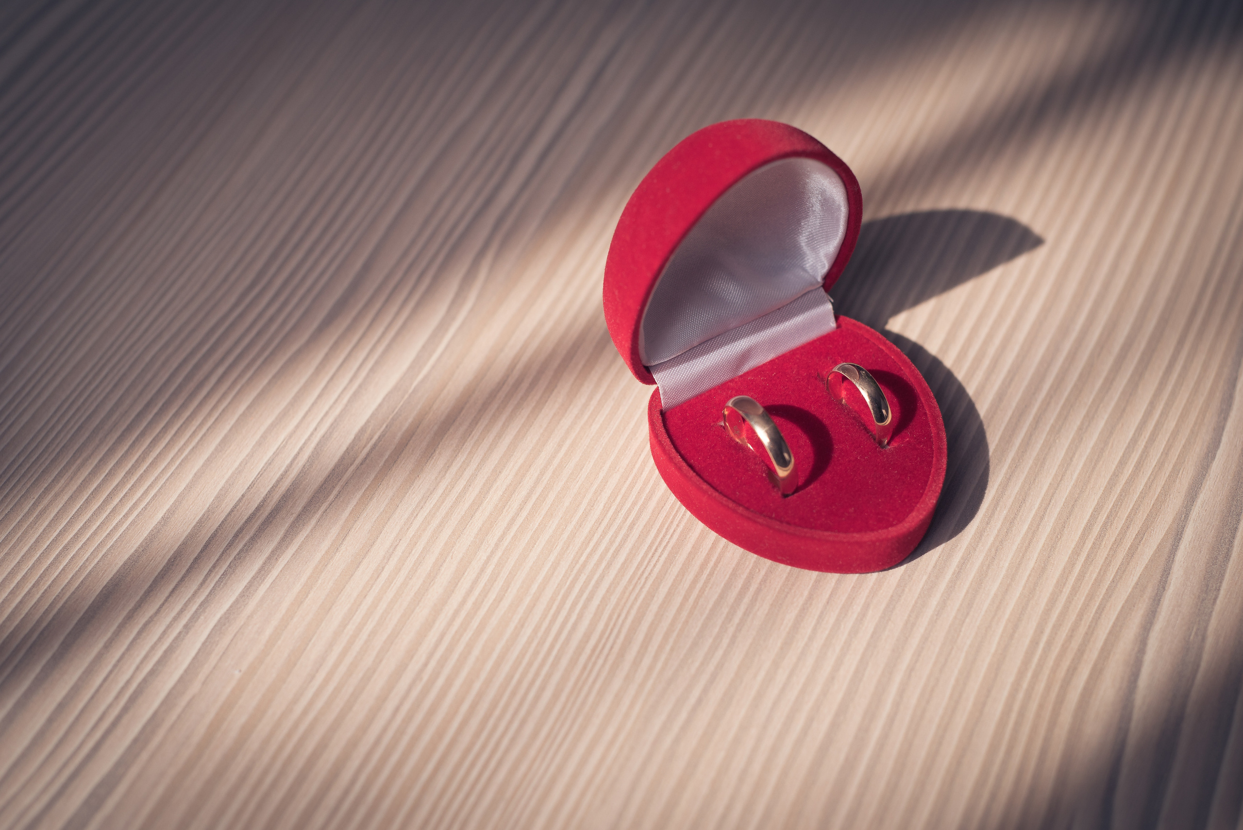 Обручальные кольца в красном футляре лежат на столе в лучах света