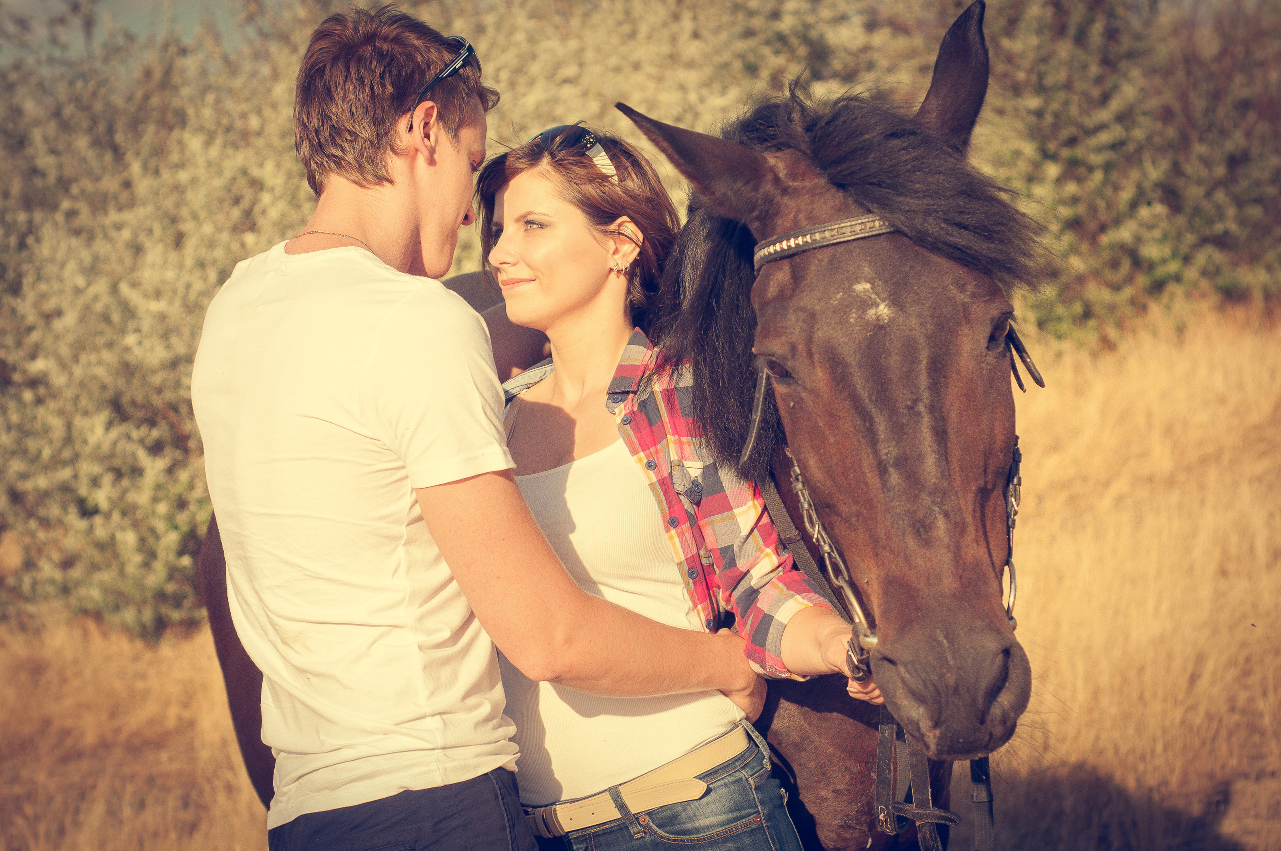 Парень и девушка стоят около лошади и смотрят в глаза друг другу