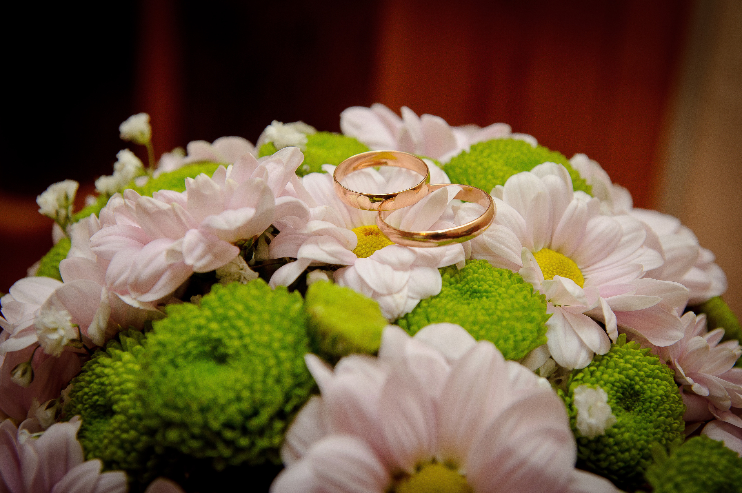Обручальные кольца лежат на свадебном букете