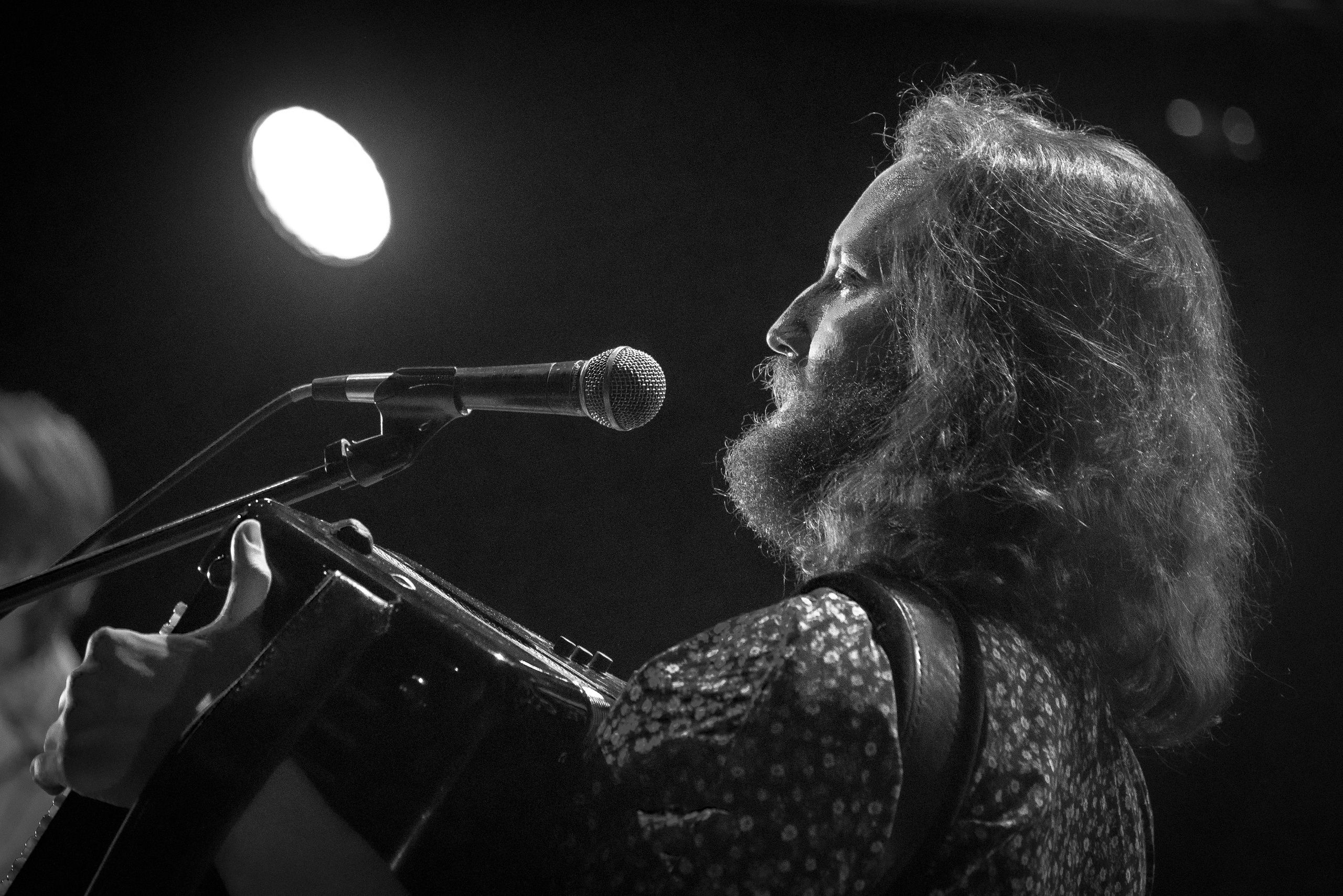 Баянист с длинными волосами и бородой у микрофона