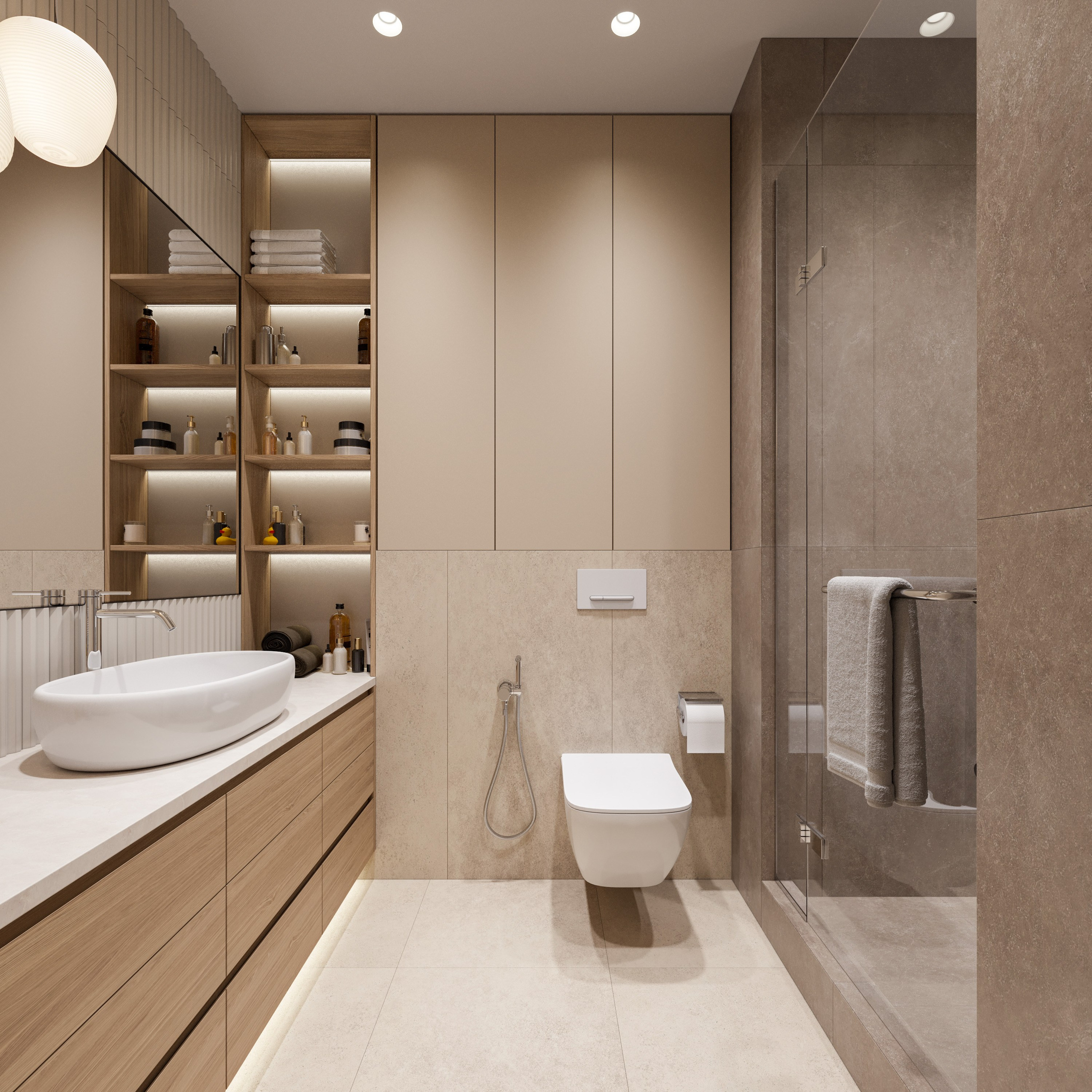 Дизайн ванной комнаты для девушки с керамогранитом и светлым деревом