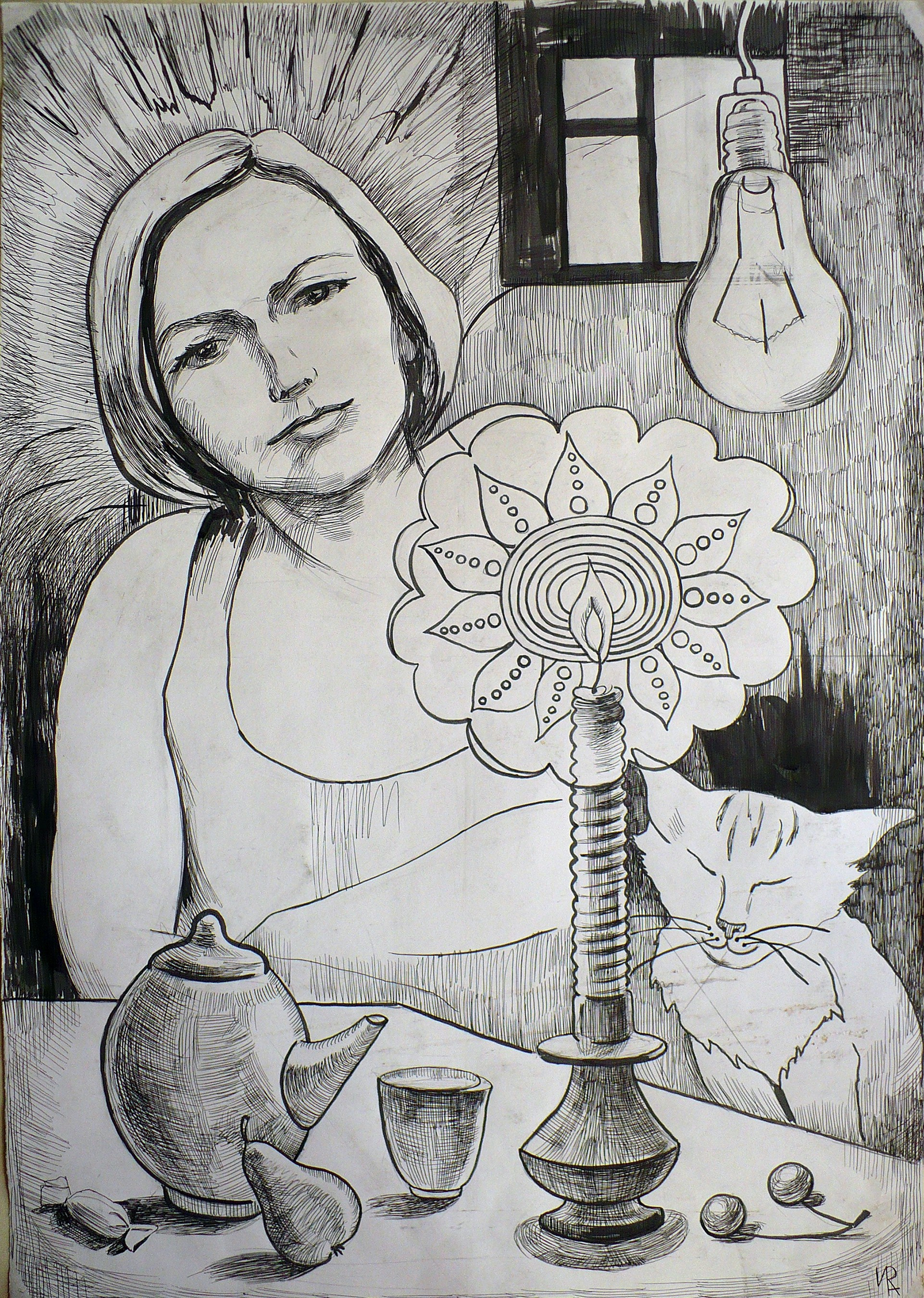 Мама и кот. Тушь, бумага. 2005 г.