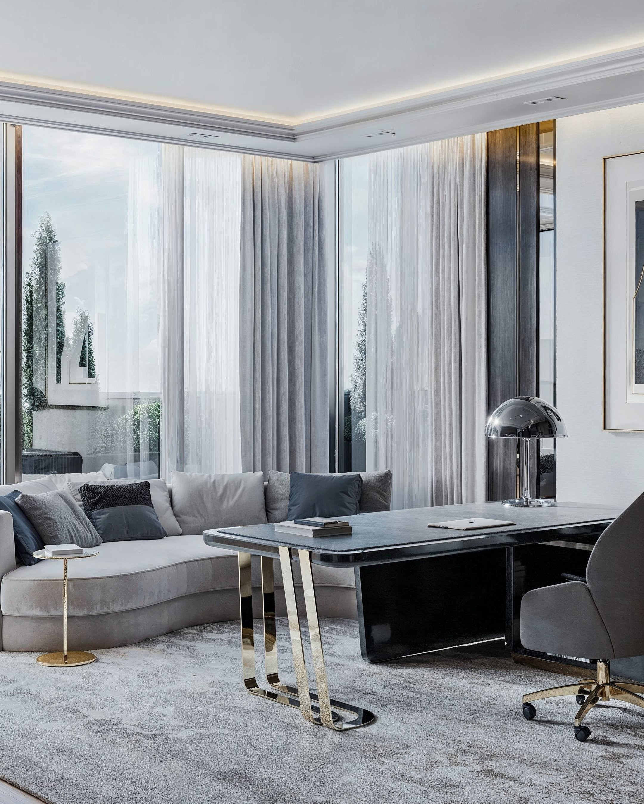 Кабинет с зоной отдыха и панорамными окнами — современный интерьер Валерии Котович