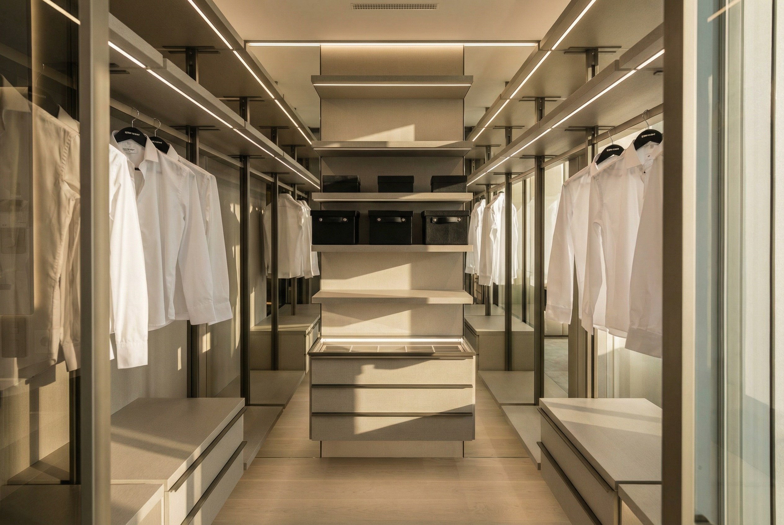 Дизайн гардеробной в квартире 110 м² от Валерии Котович: открытая система хранения с линейной подсветкой полок, зеркальные панели и минималистичный комод.
