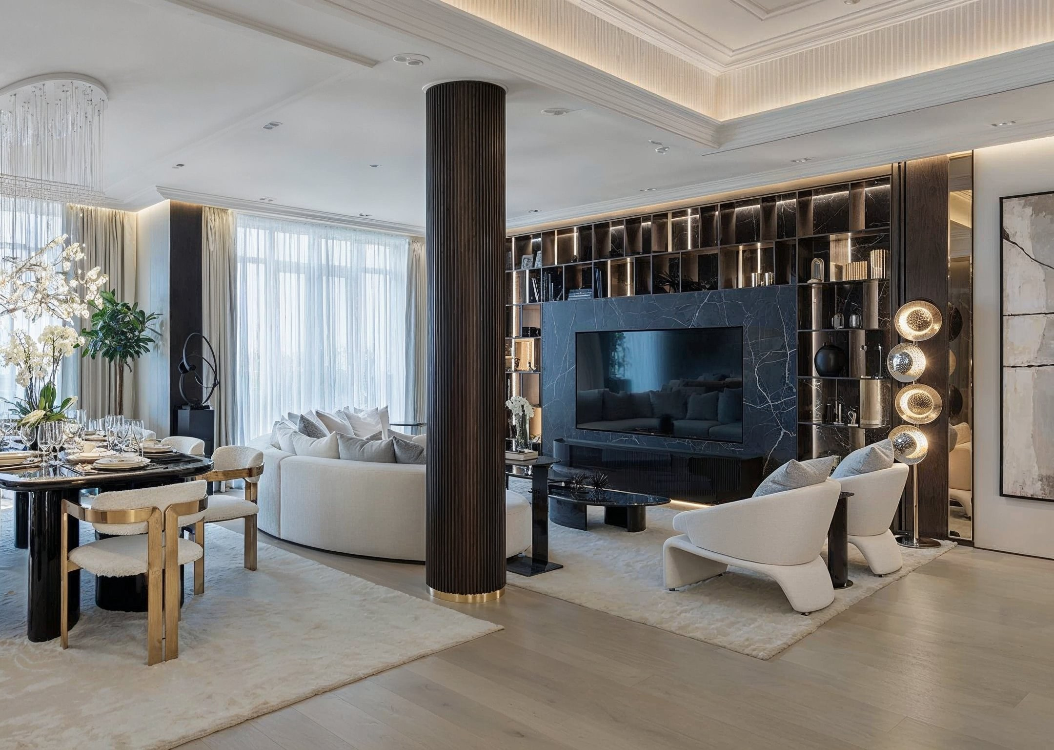 Совмещенная зона гостиной и столовой в современном стиле — светлый интерьер с панорамными окнами