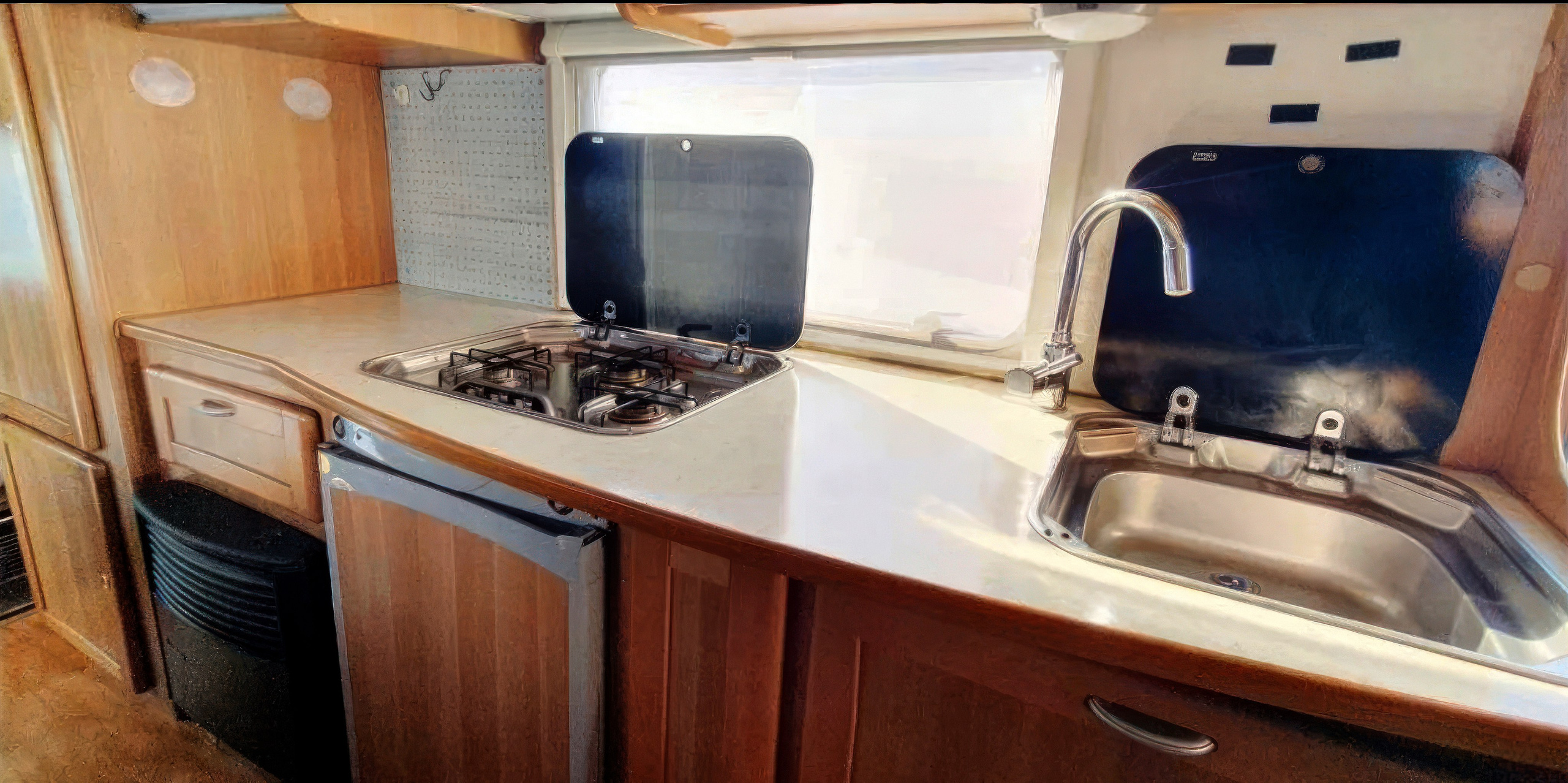 Кухонная зона в Кемпере. Кемпердлявас — аренда Автодома для путешествий по Беларуси и за ее пределами! Путешествуйте с комфортом!