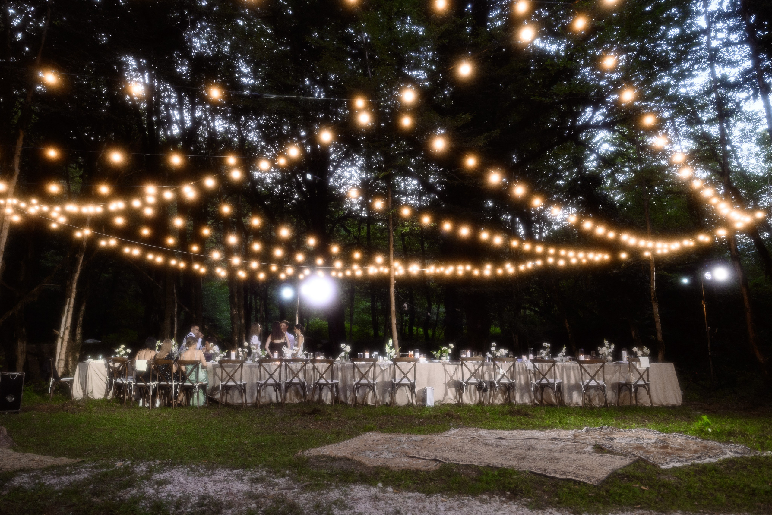 Атмосферный кадр вечернего леса где натянуто много гирлянд разложенный ковры на земле и на заднем плане стоит свадебный стол на котором сидят гости 