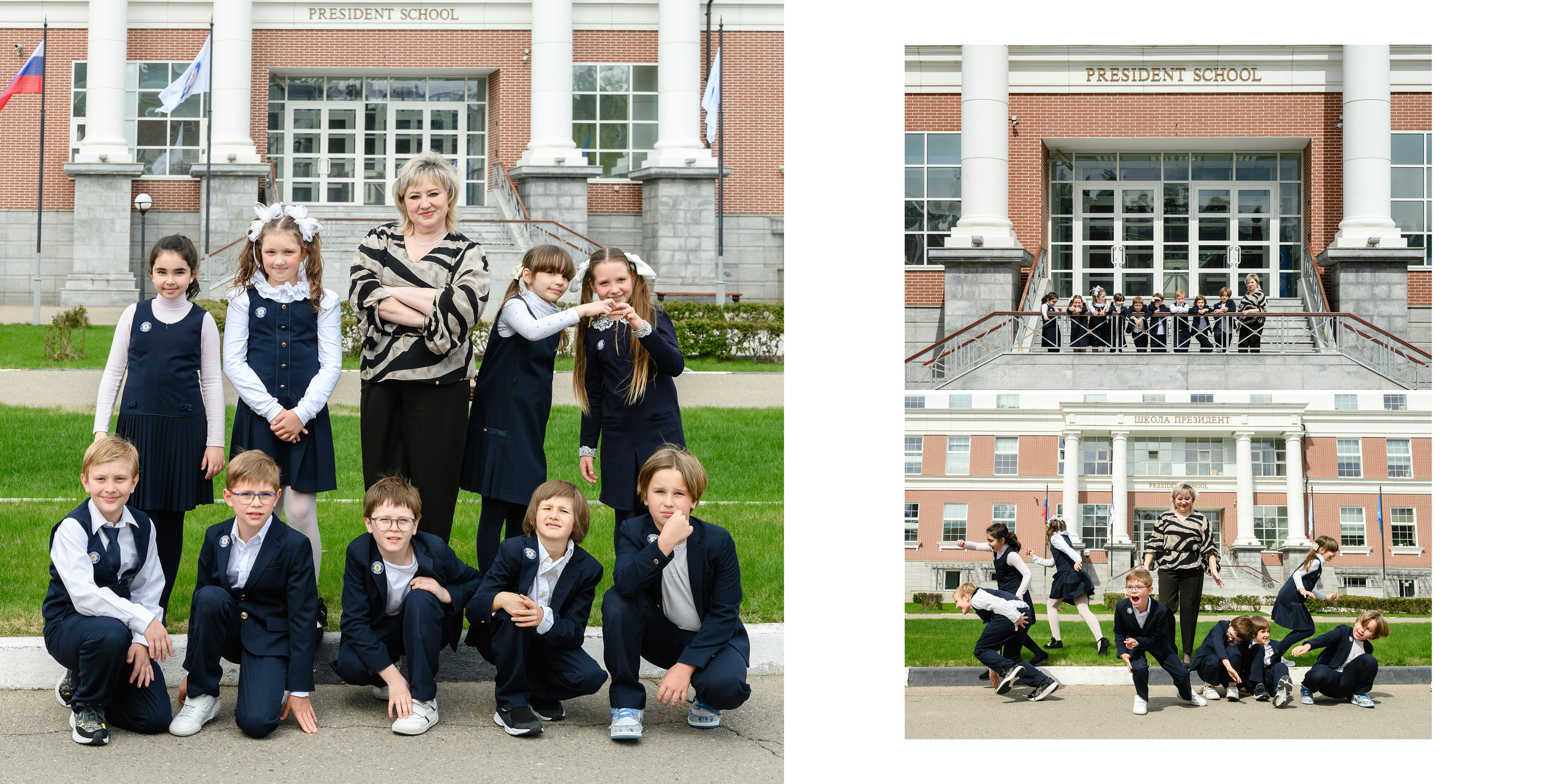 Разворот фотокниги: коллаж с классом на школьной территории — групповые фото и кадры у входа в школу.