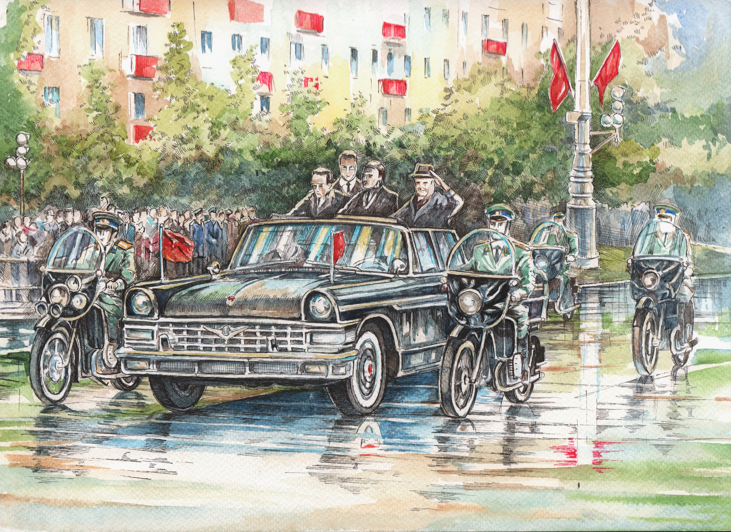 Мотоциклы Почетного Эскорта — работы для музея ГОН. Художник Александр Петрунин