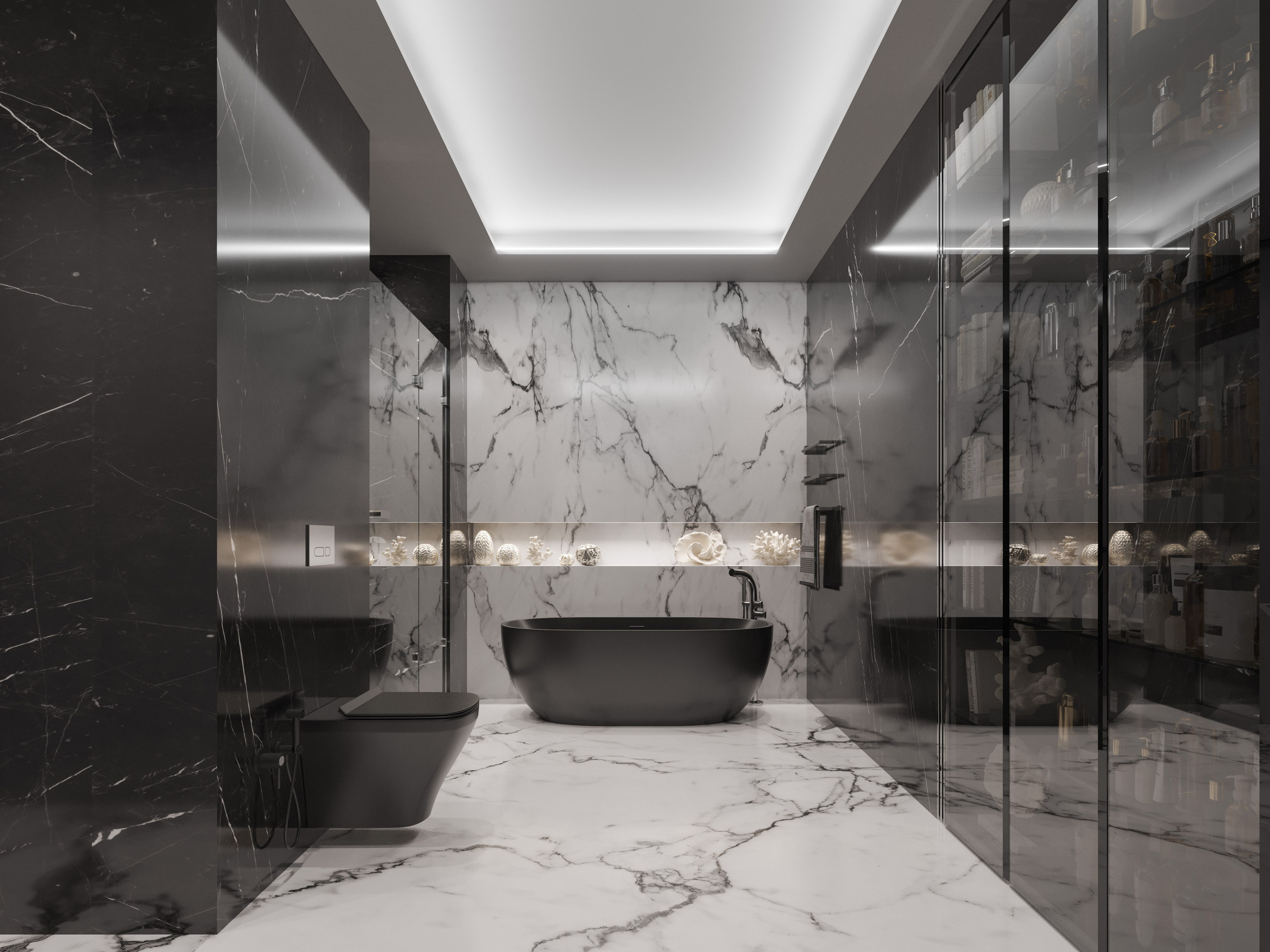 3D модель ванной комнаты: отдельно стоящая ванна на мраморном полу