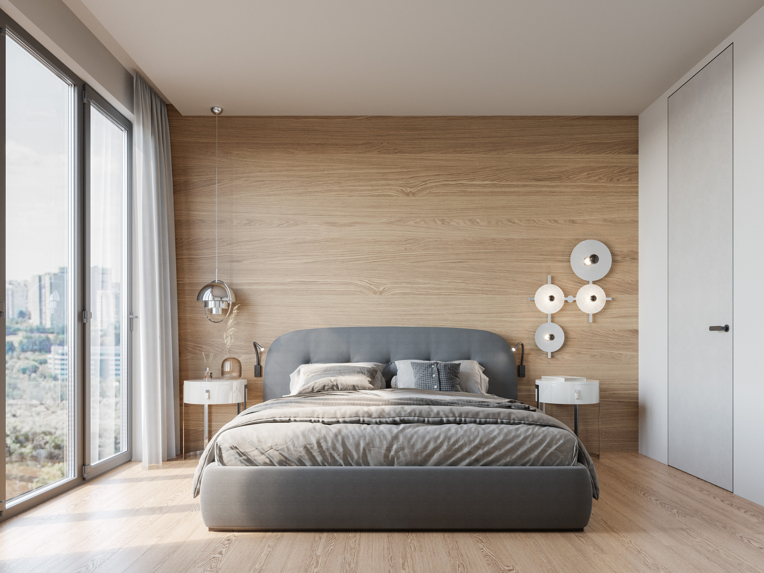 Спальная зона с панорамным окном: глянцевые тумбы и комбинация бра с подвесным светильником на стене