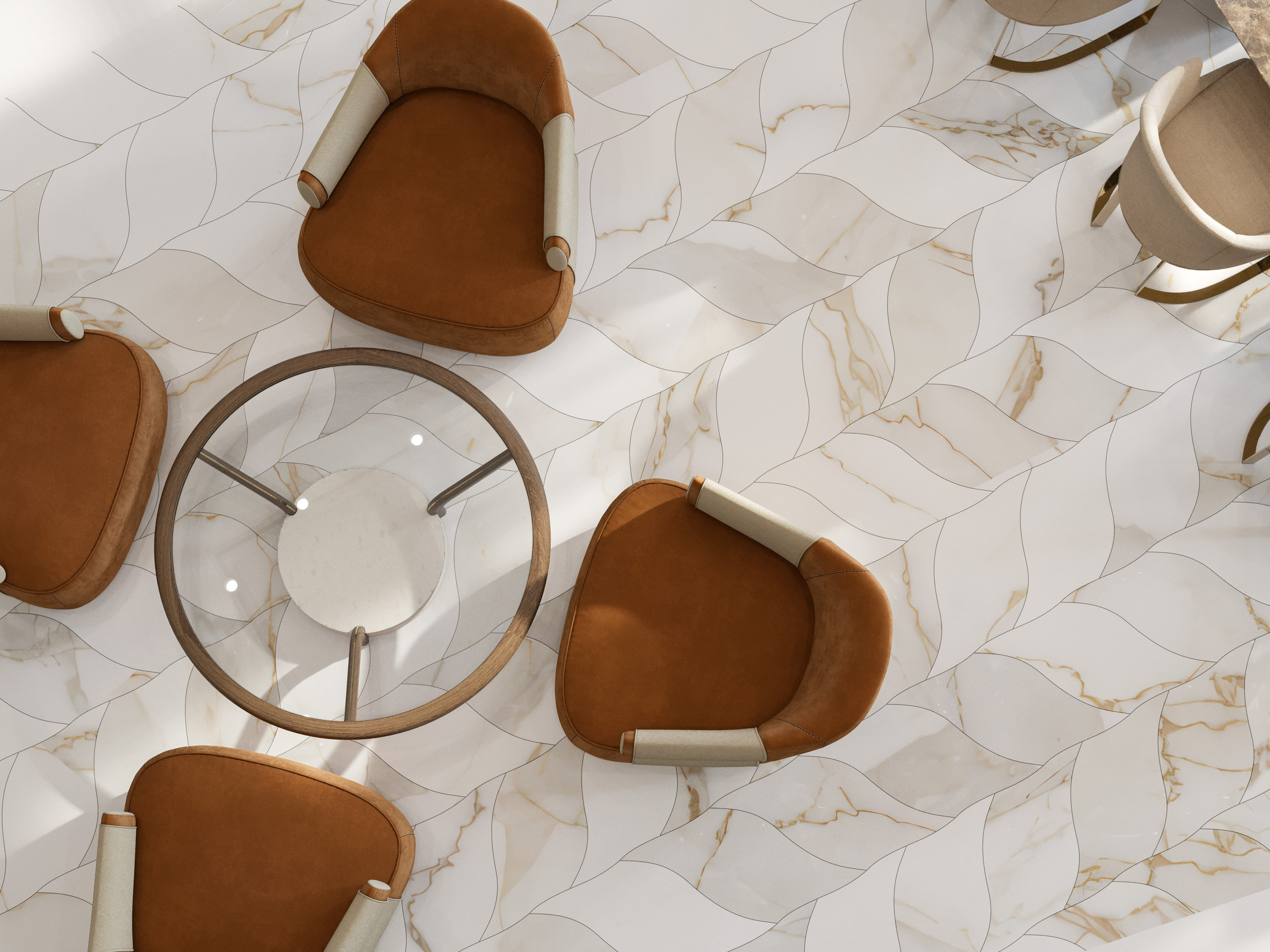 Просторная гостиная-столовая с мраморным полом елочкой и лепными карнизами