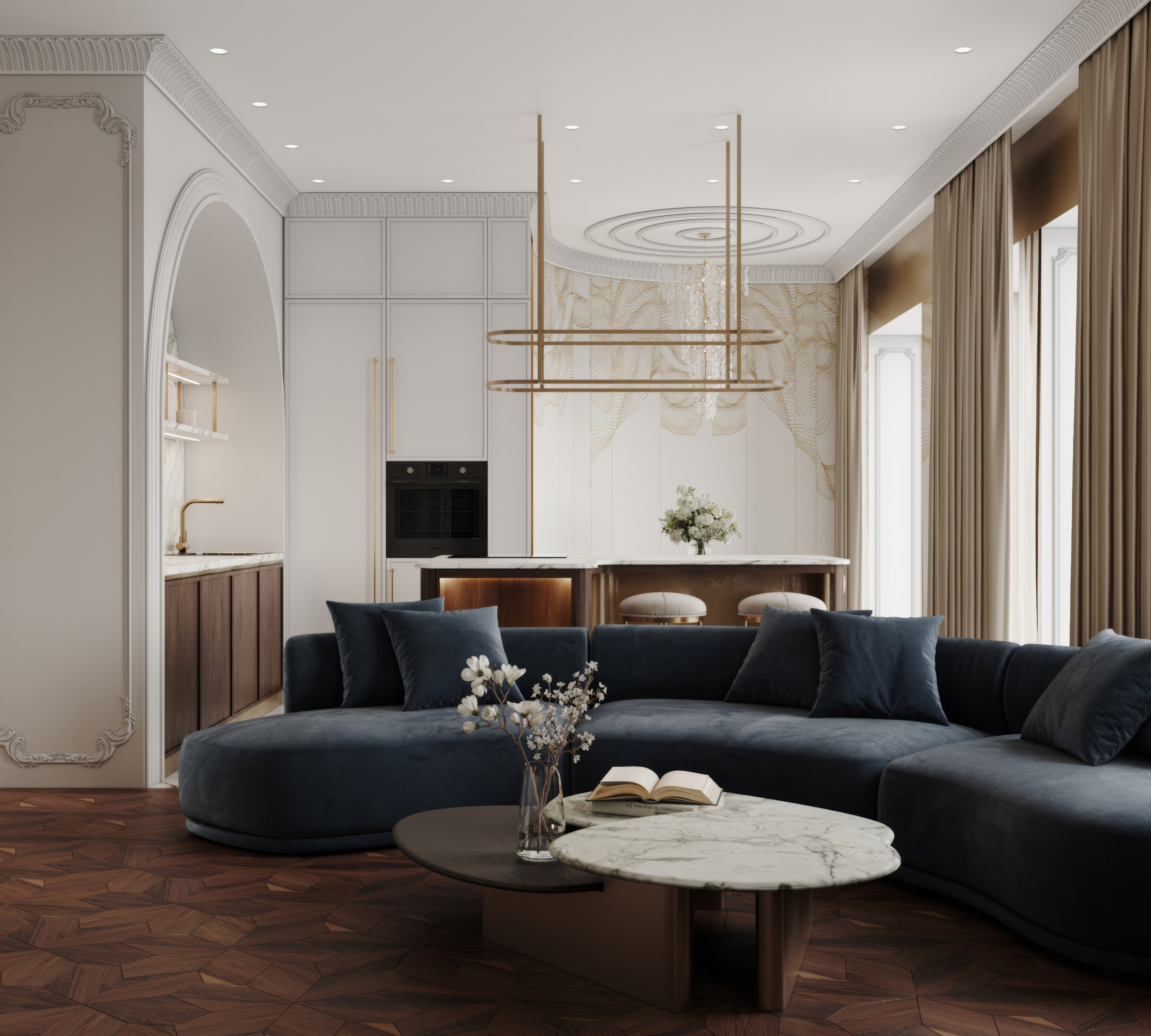 Кухня-гстиная ЖК Скай. Интерьерная 3D Визуализация