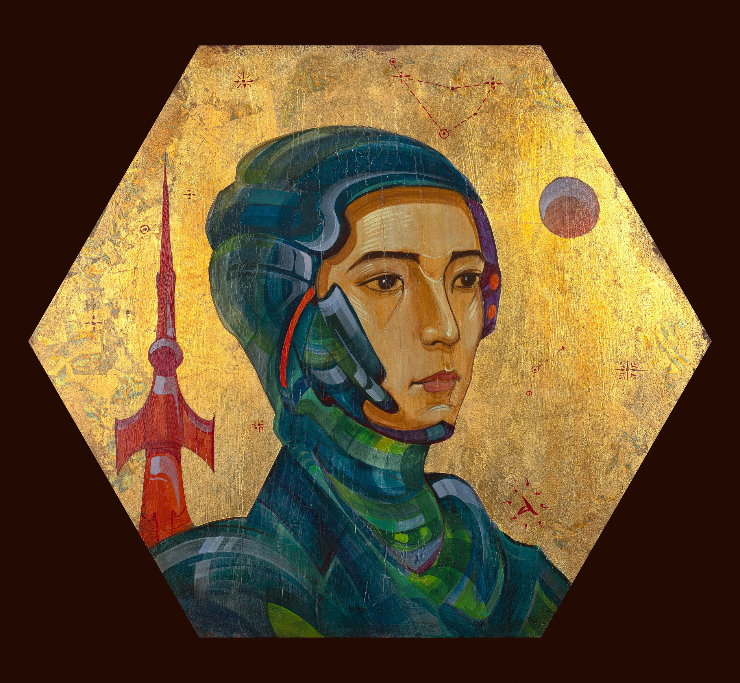 «Наследие принцессы» диптих 1 - художник Антон Фролов (дерево, темпера, поталь, диаметр 60 см, 2024)