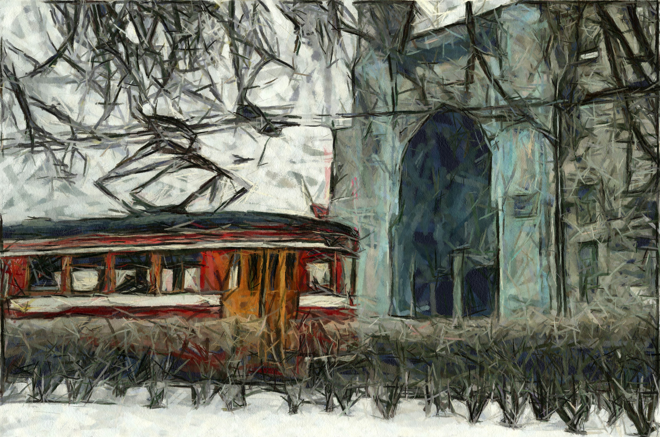 петербург соборная мечеть.ретро трамвай.зима.картина