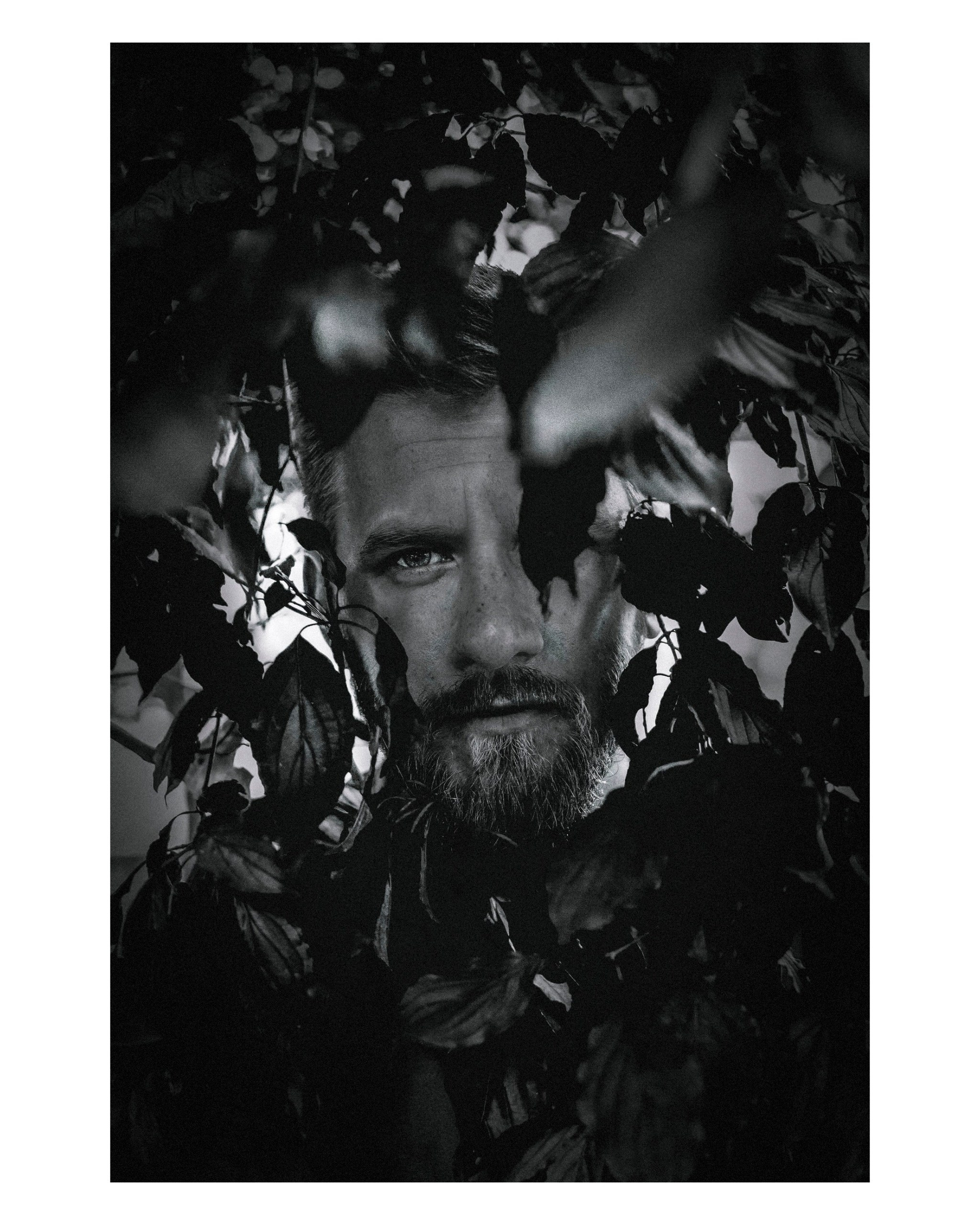 портрет мужчины в лесу, лицо через листья дерева