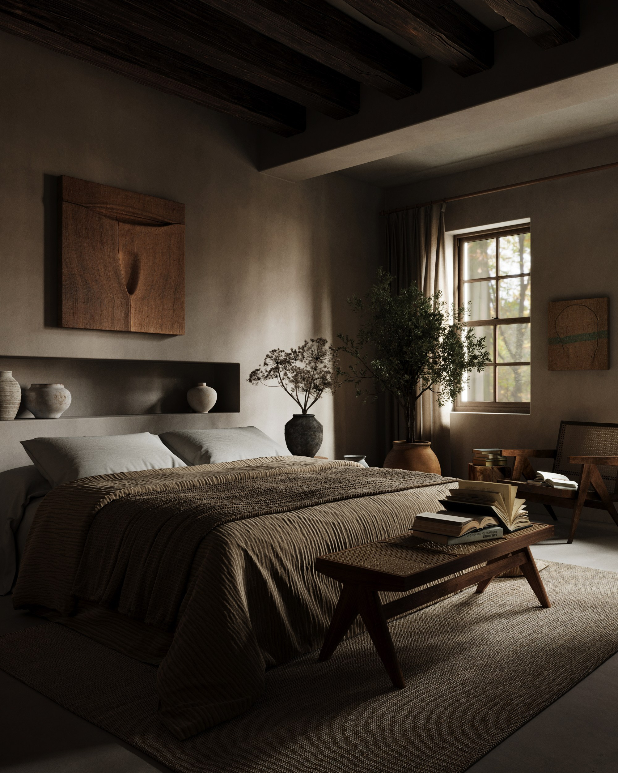 Спальня в стиле Wabi-Sabi. Создание 3д визуализаций. Анимированное видео. Сборка сцен