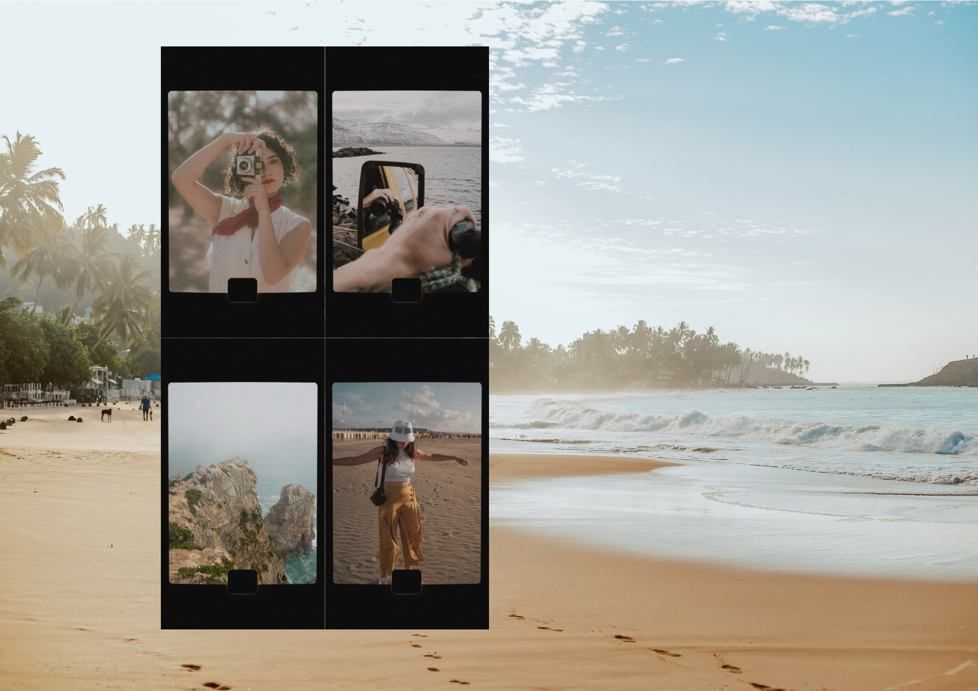 Фотостраница марта: вид на каньон с озером и крупный полароид-кадр с шагами по тёплому песку, символизирующими движение вперёд.