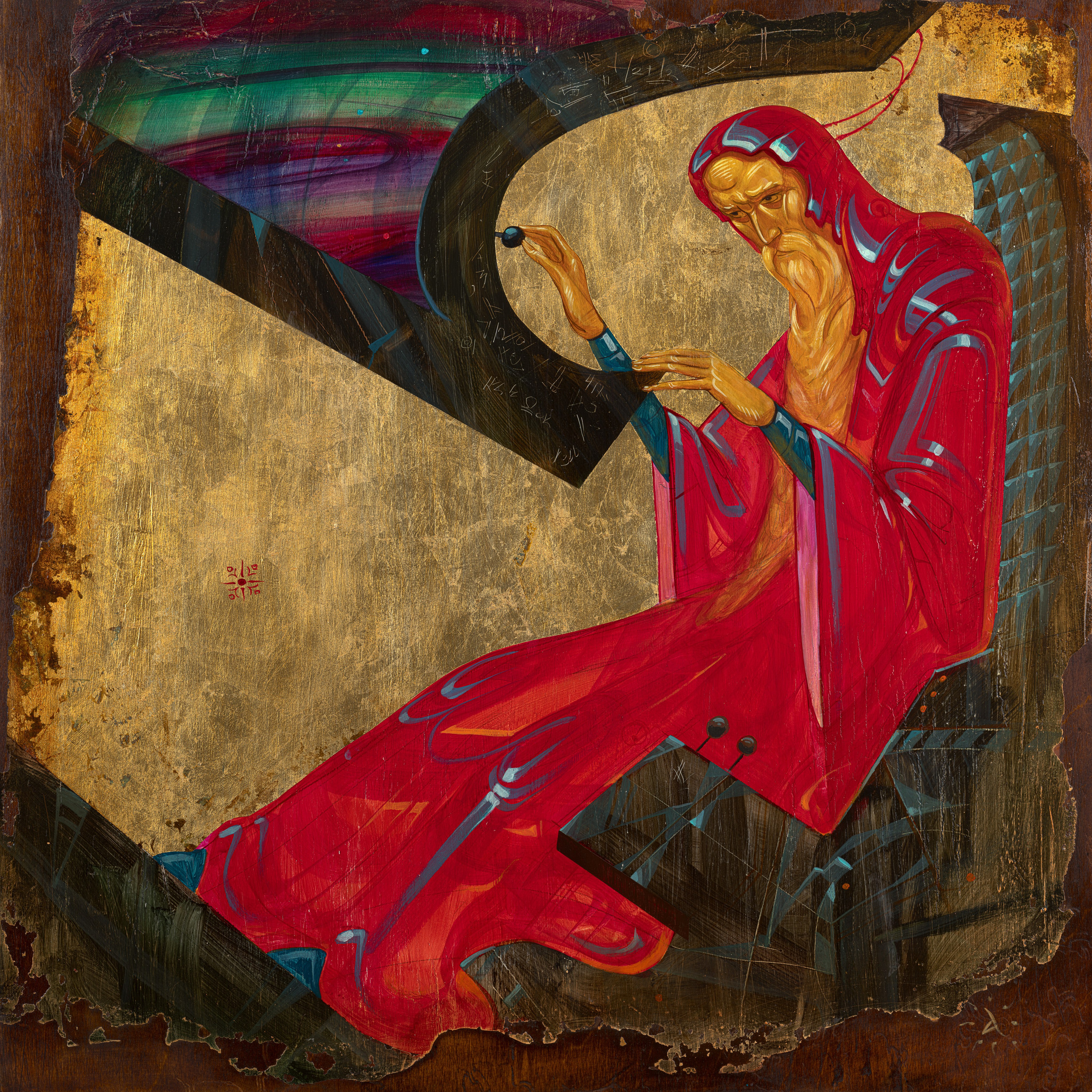 «Звездочёт» - художник Антон Фролов (дерево, темпера, поталь, 65x65 см, 2024)