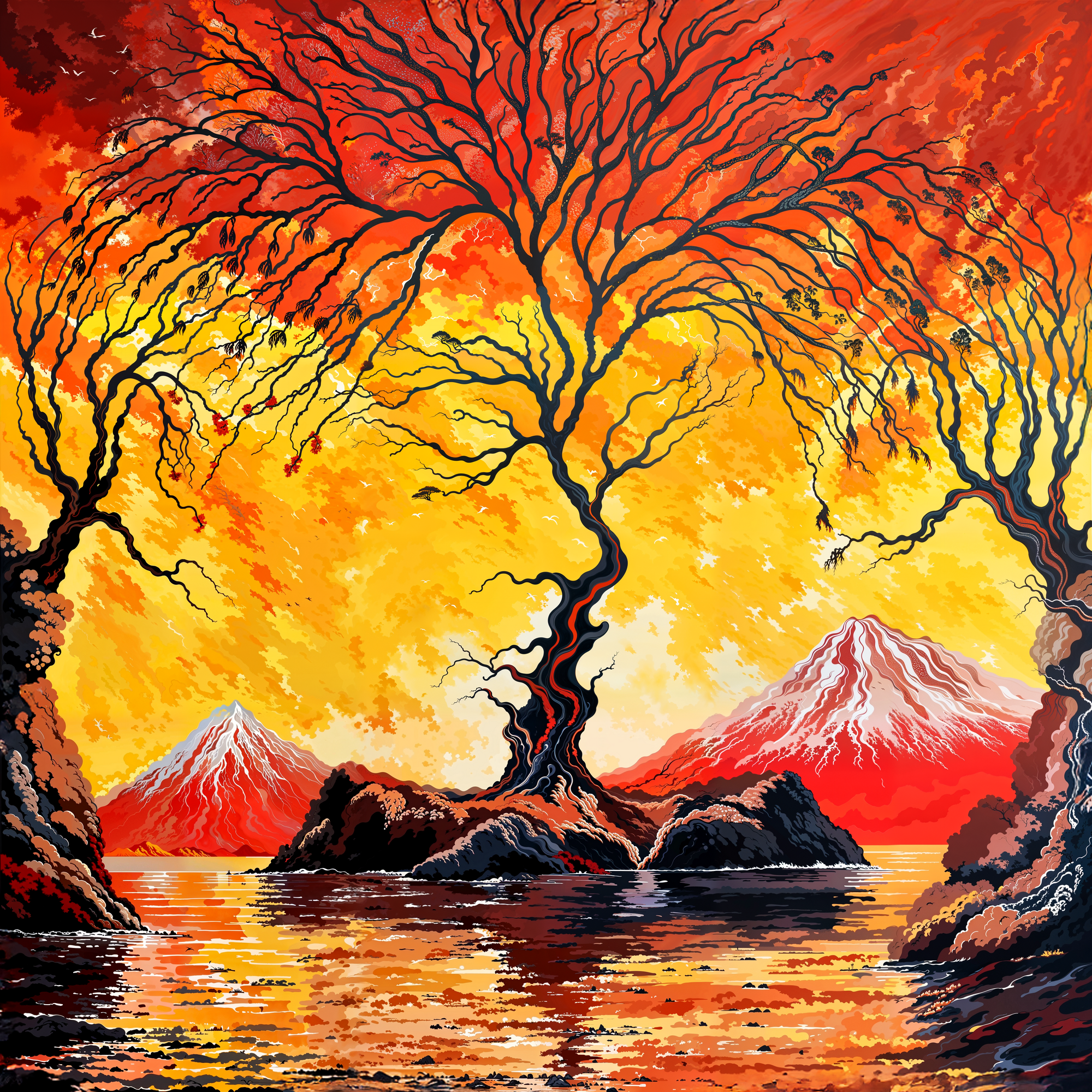 Два дерева, чьи ветви образуют поцелуй мужчины и женщины на фоне вулканов, метафорическая сцена в стиле Артуша Восканяна, адаптированная Olegorizm.