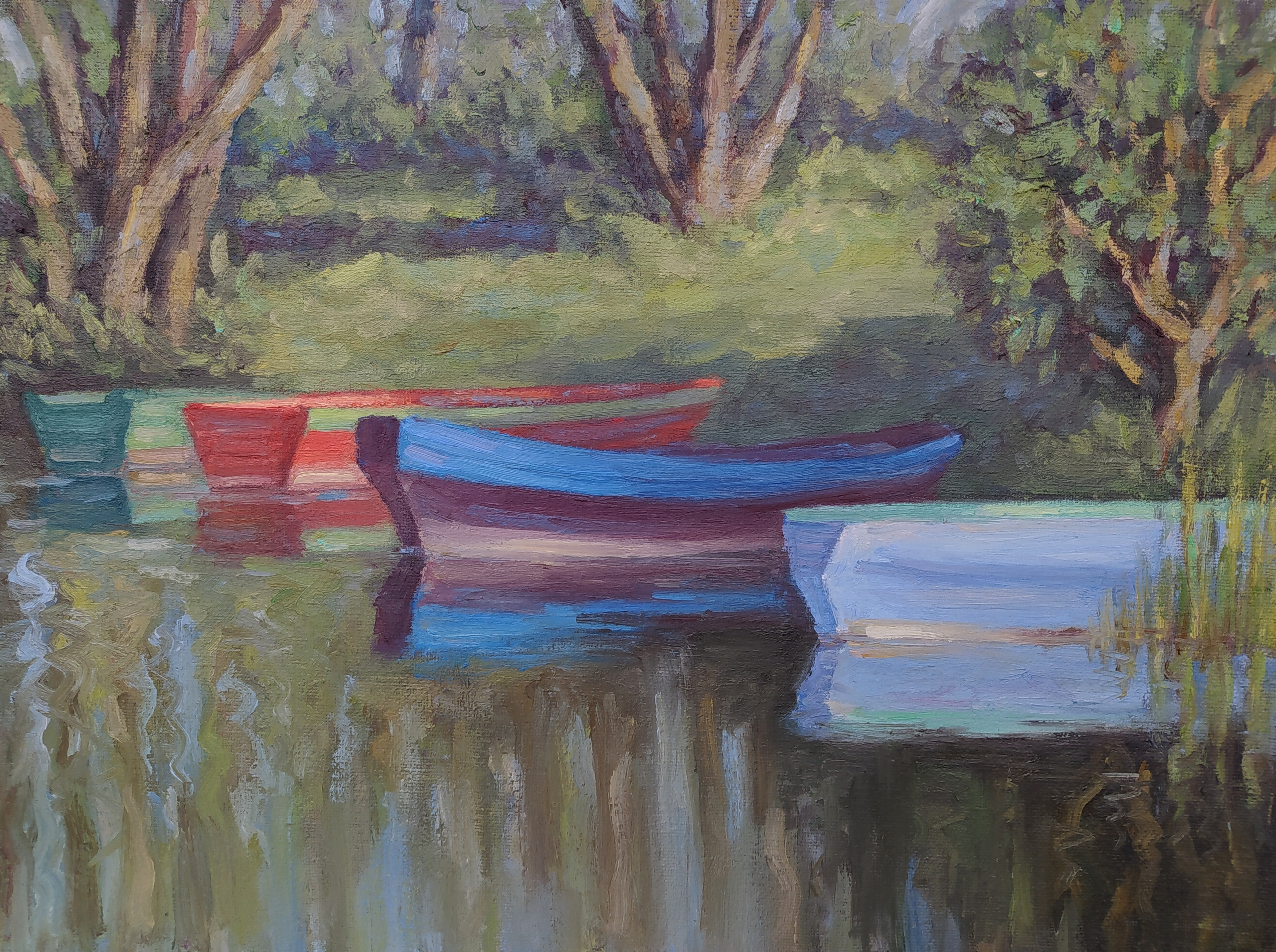 Импрессионизм живопись маслом - Лодки на воде у берега и их отражения