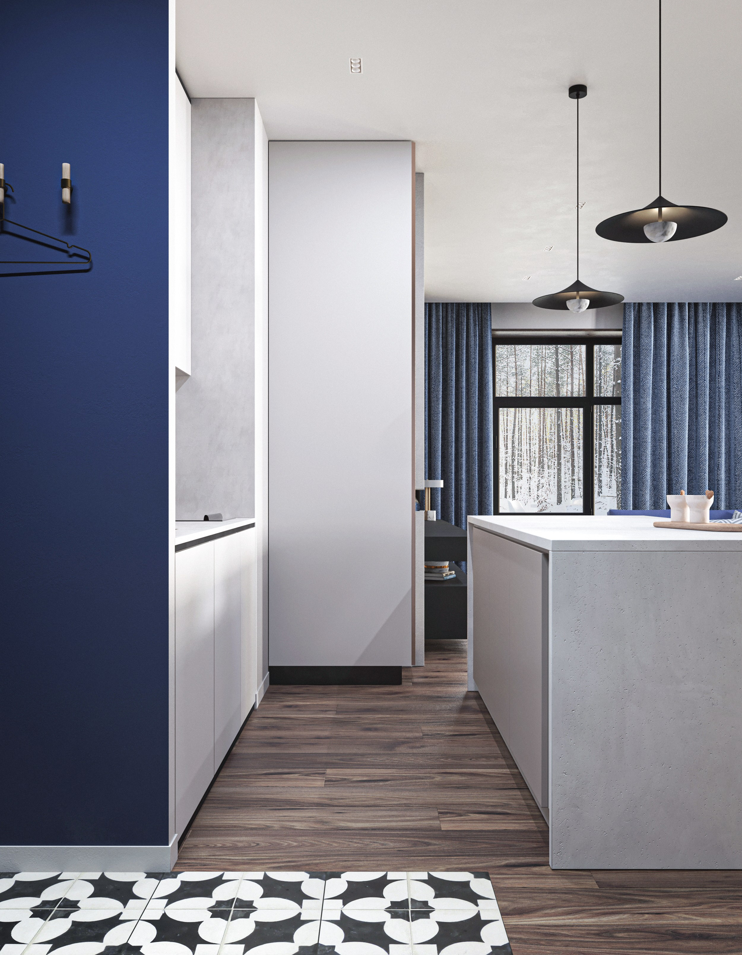 Blue place. 3D visualization of exteriors and interiors