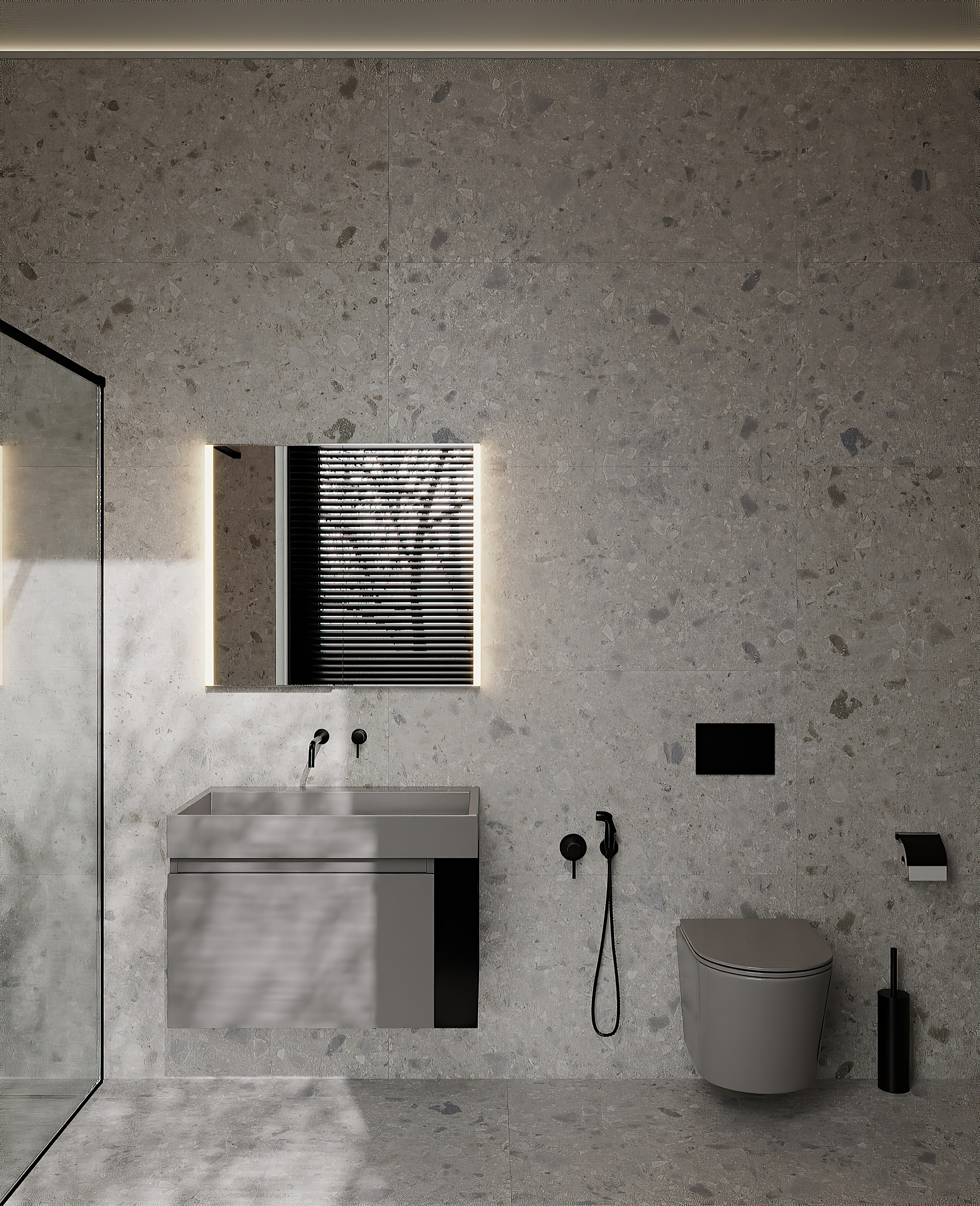 Серый санузел по проекту Мартыновой Н. и Бородиной Е. Визуализатор Векшина Елена