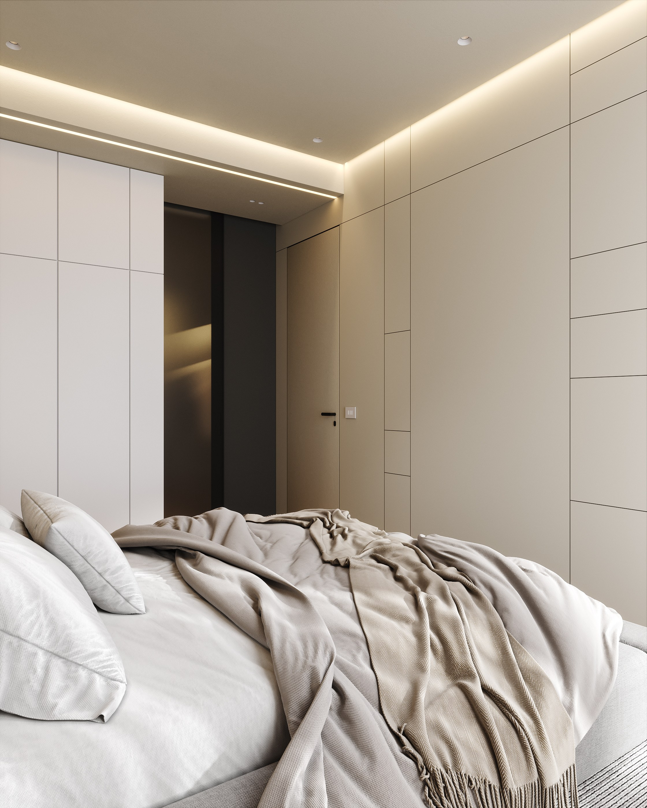 3D рендер крупным планом кровати с мягким бежевым пледом, подчеркивающий текстуры и уют, с видом на встроенный шкаф или декоративную стену в спальне.