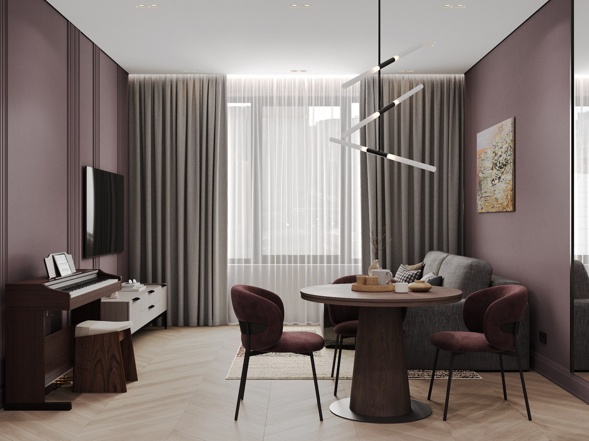 дизайн интерьера кухни-гостиной в сложных сливовых тонах, серый диван и зеркало у обеденного стола, цифровое пианино 