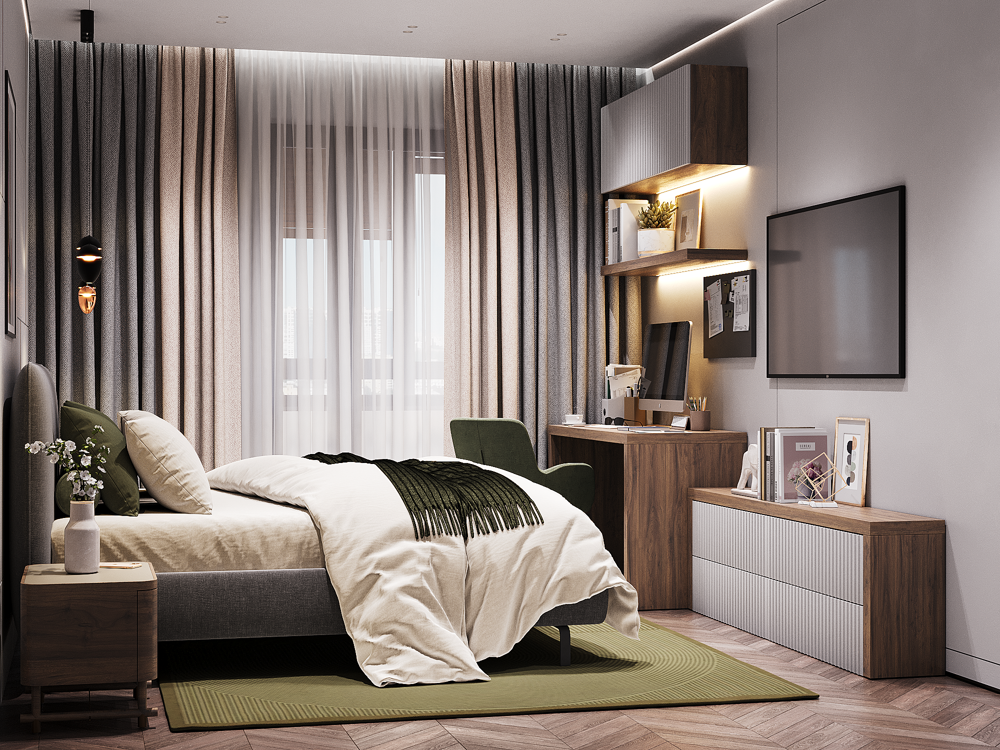 Спальня с кроватью у окна, плотными серо-бежевыми шторами и рабочей зоной с деревянным столом