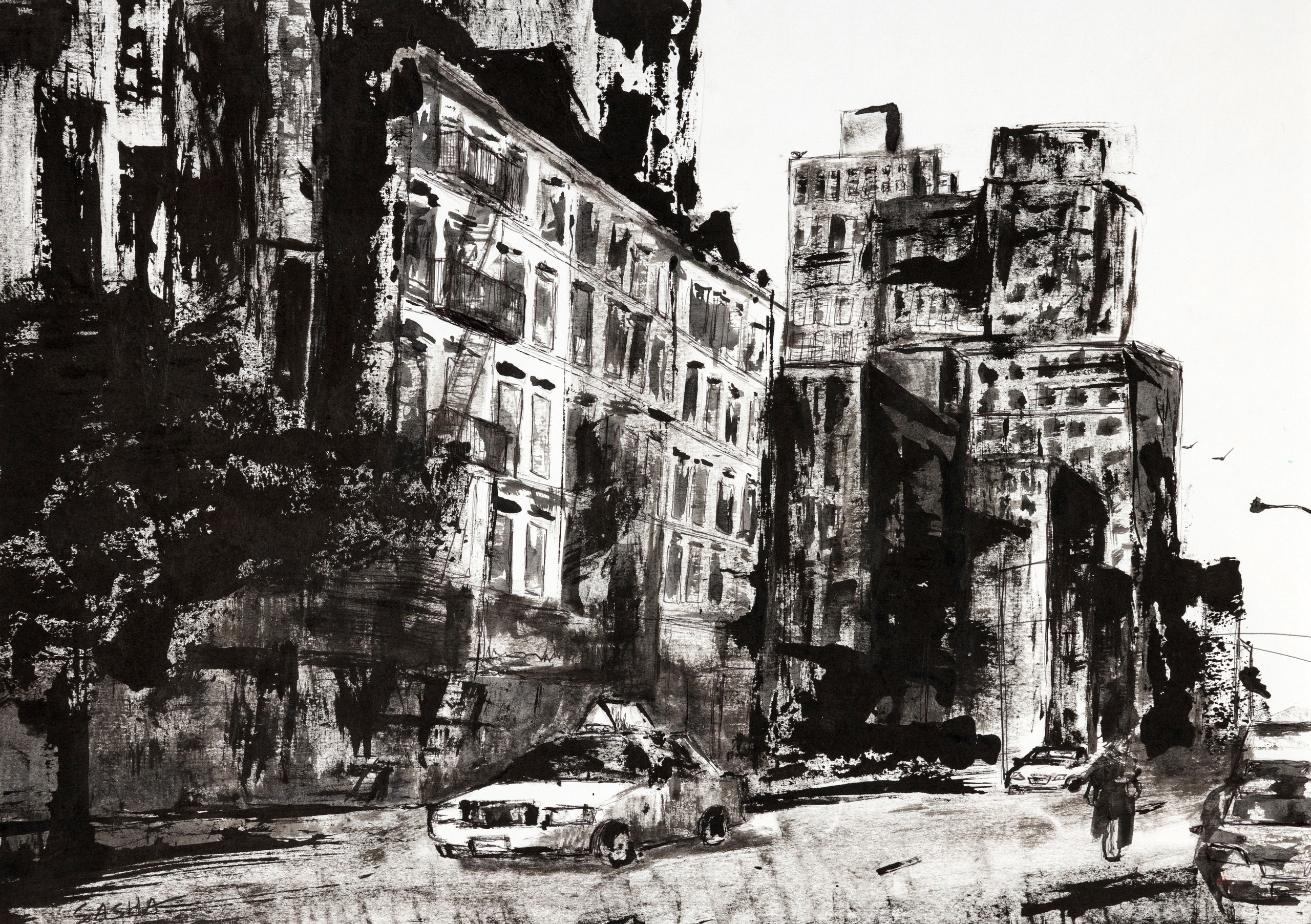 Городские здания и улица с автомобилем