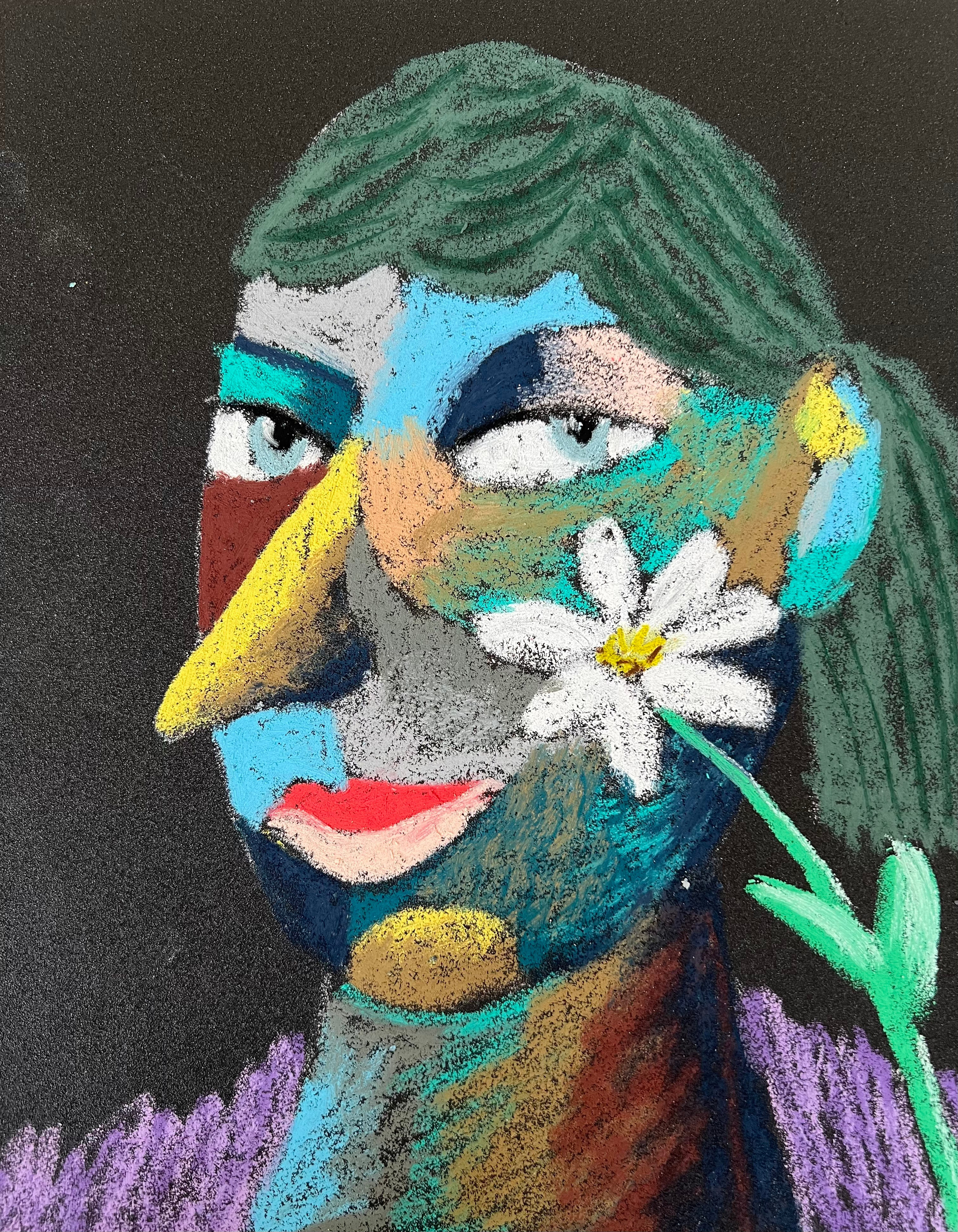 Chamomile. Oil pastel, sandpaper. 28 x 23 cm